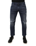 Jeans hommes Dolce & Gabbana en denim bleu en coton stretch, coupe skinny, affichés sur un fond neutre.