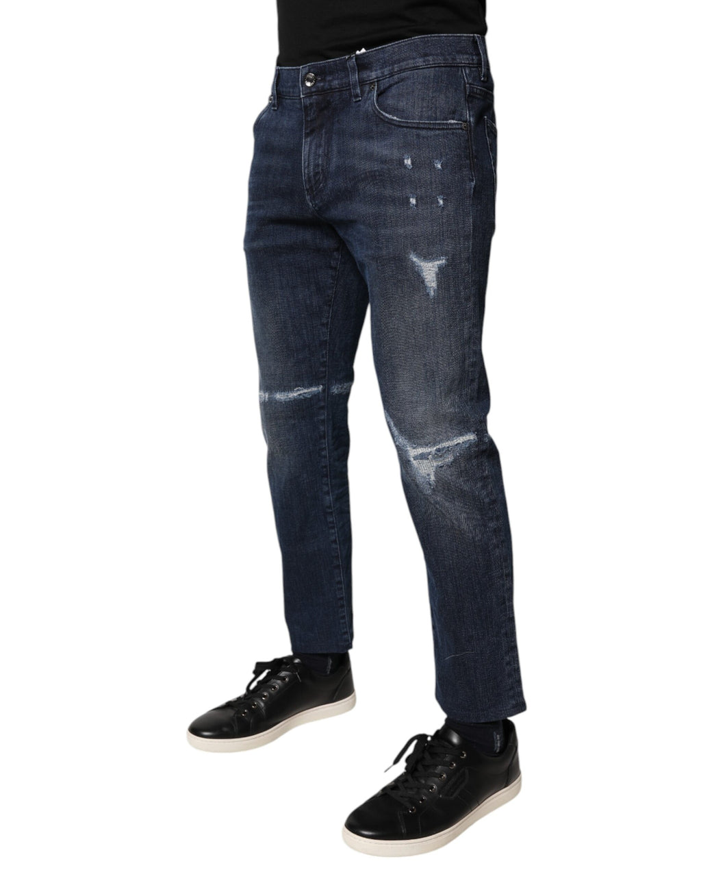 Jeans skinny en denim bleu en coton stretch pour homme de Dolce & Gabbana, vue de face avec détails classiques.
