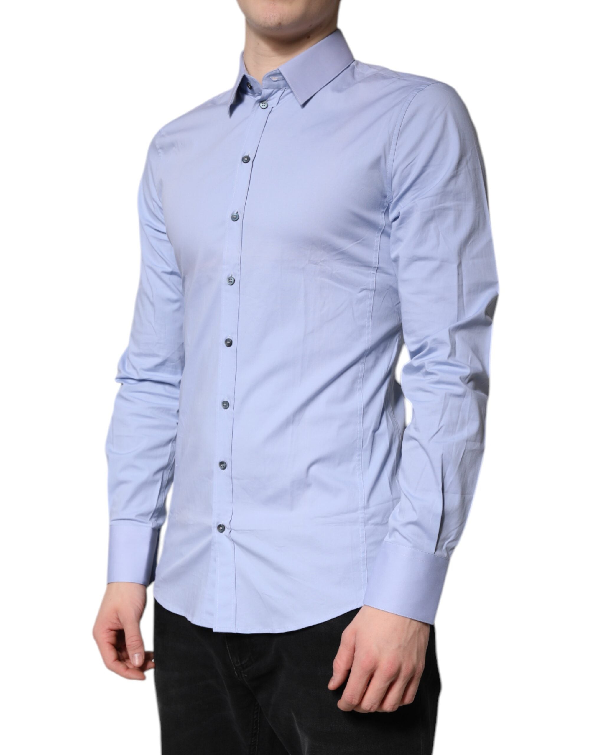 Chemise formelle Dolce & Gabbana Light Blue Cotton Sicilia, vue de face avec col et boutons visibles.