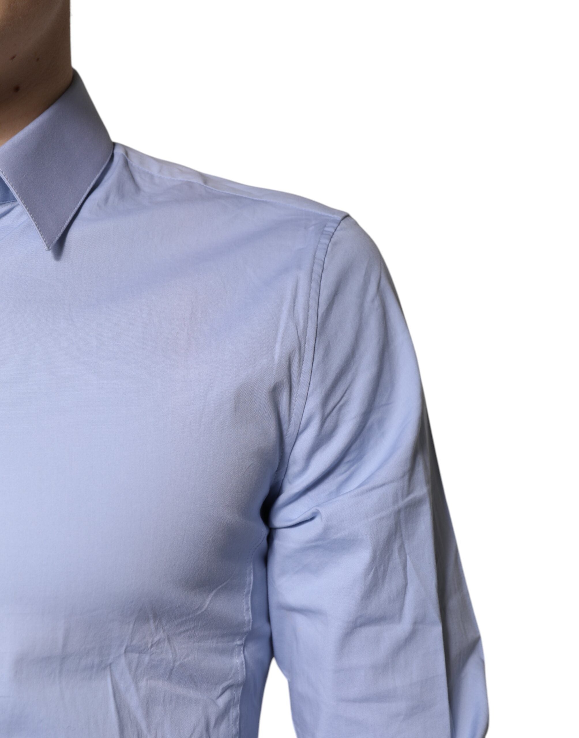 Chemise formelle Dolce & Gabbana Light Blue Cotton Sicilia avec col classique et manches longues, vue de face.
