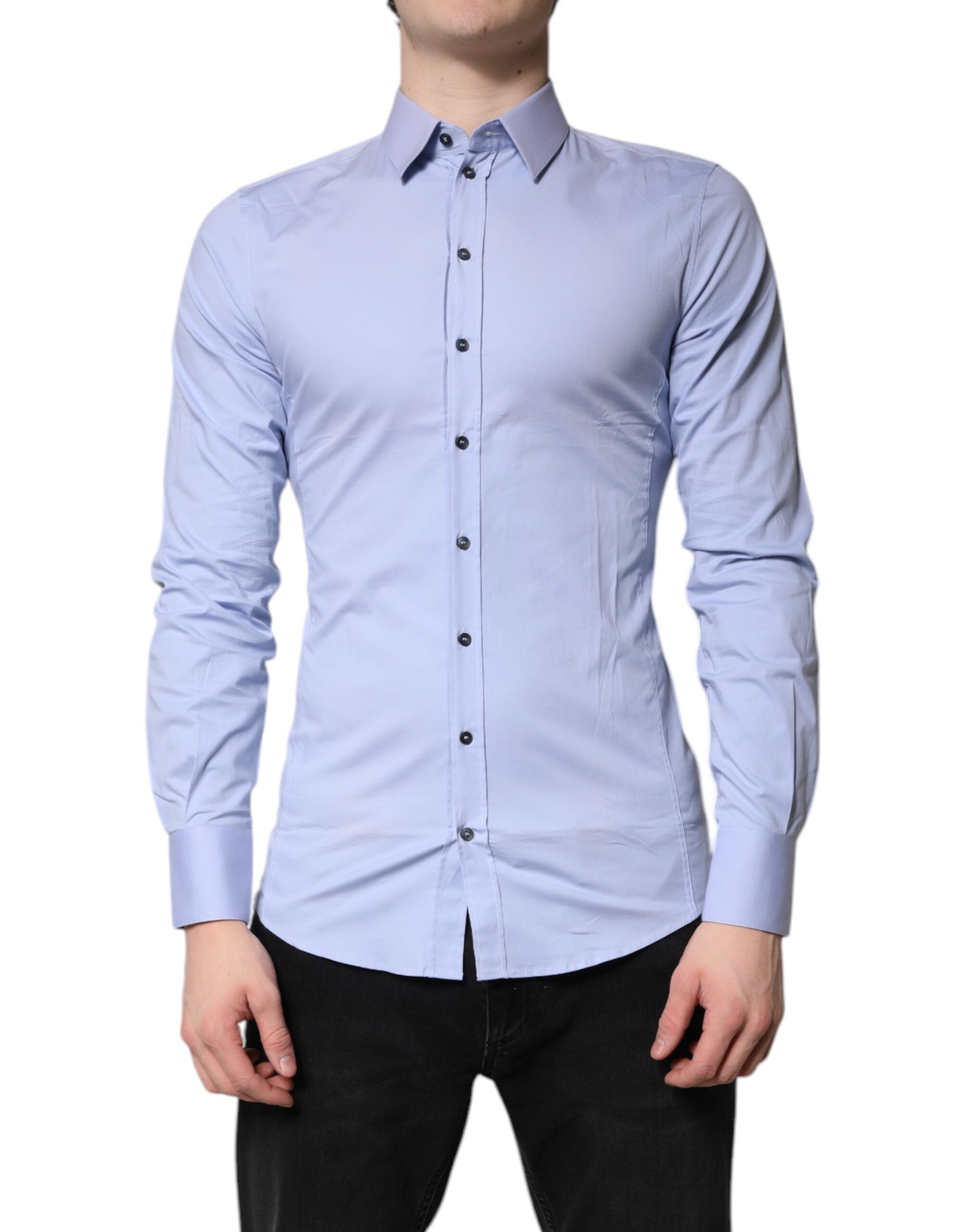 Chemise formelle Dolce & Gabbana Light Blue en coton Sicilia, vue de face avec col et boutons visibles.