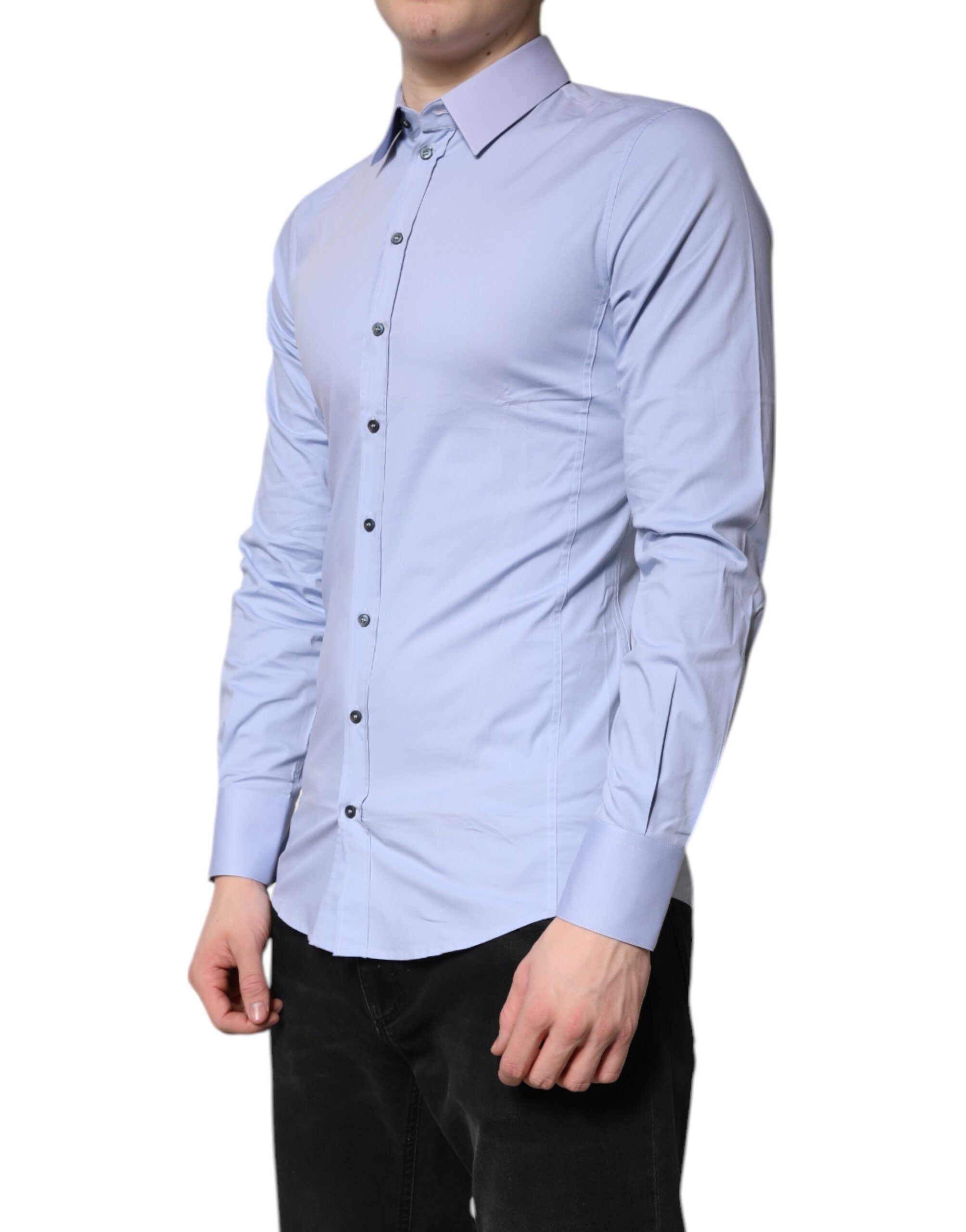 Chemise formelle Dolce & Gabbana Light Blue Cotton Sicilia avec col classique et manches longues, vue de face.