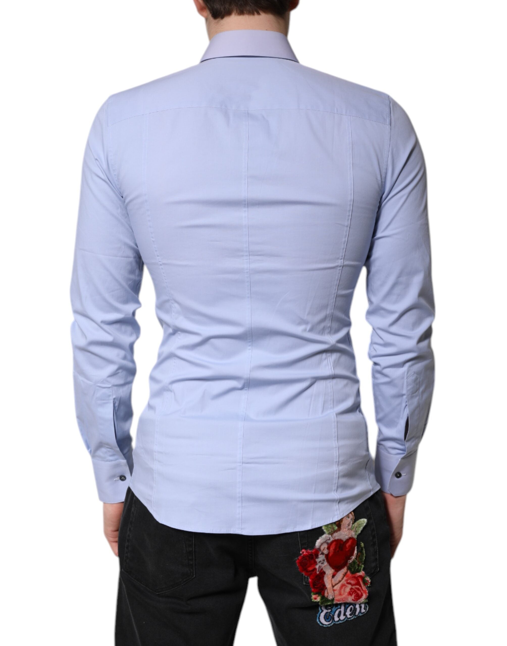 Chemise formelle Dolce & Gabbana Light Blue en coton avec motif Sicilia, élégante et confortable.