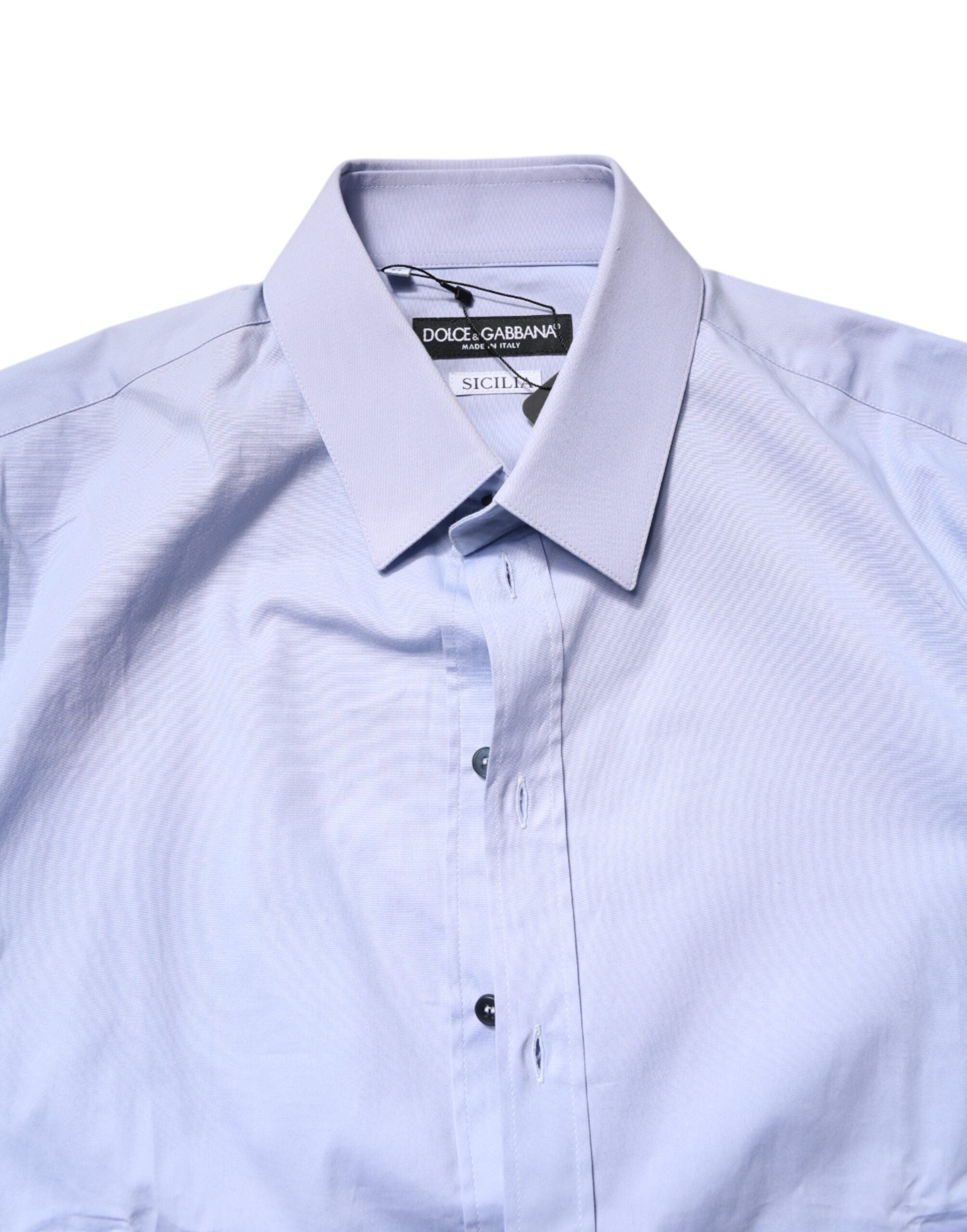 Chemise formelle Dolce & Gabbana Light Blue Cotton SICILIA avec col et boutons, vue de face.