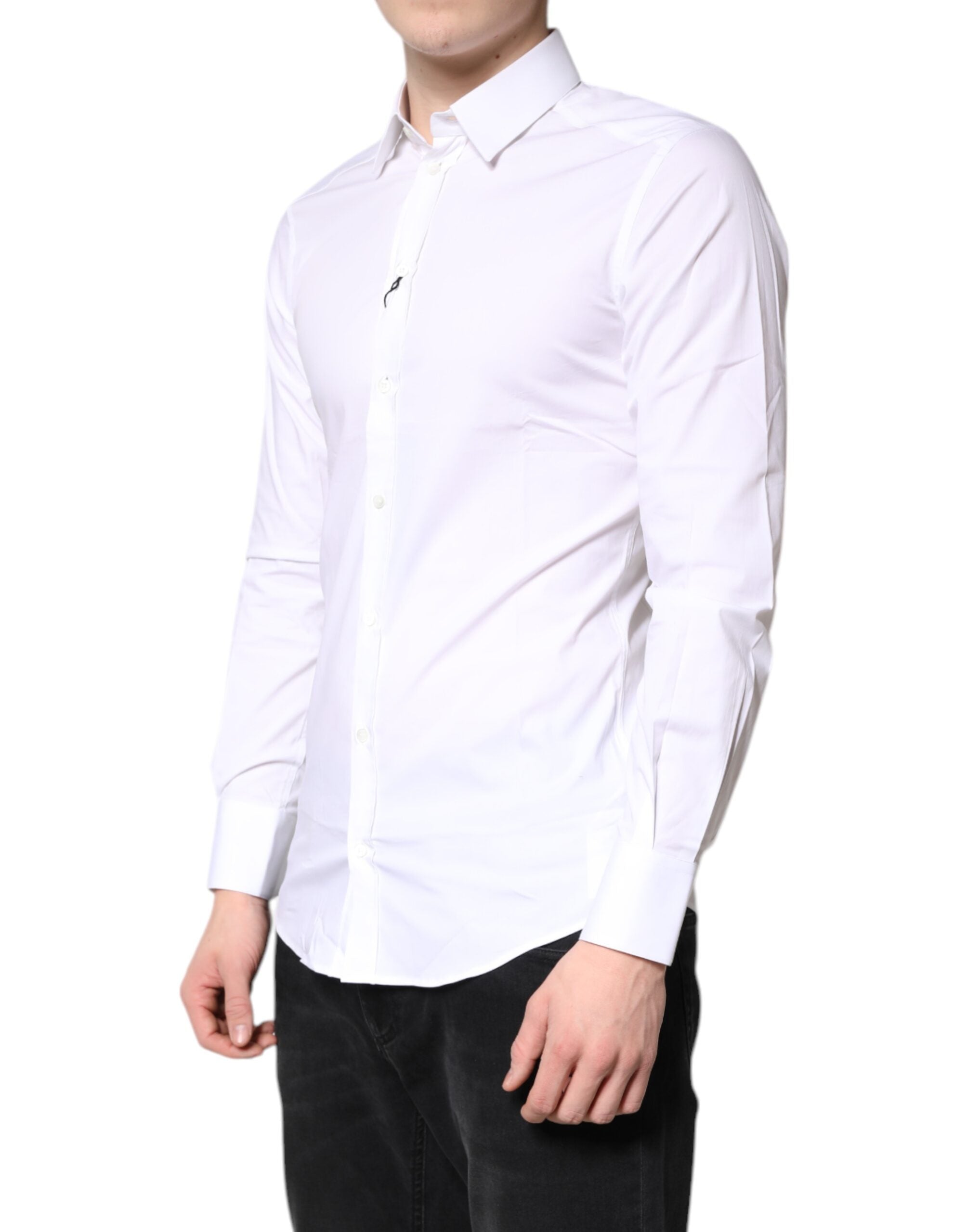 Chemise blanche en coton stretch Dolce & Gabbana avec détails dorés pour homme, élégante tenue formelle.