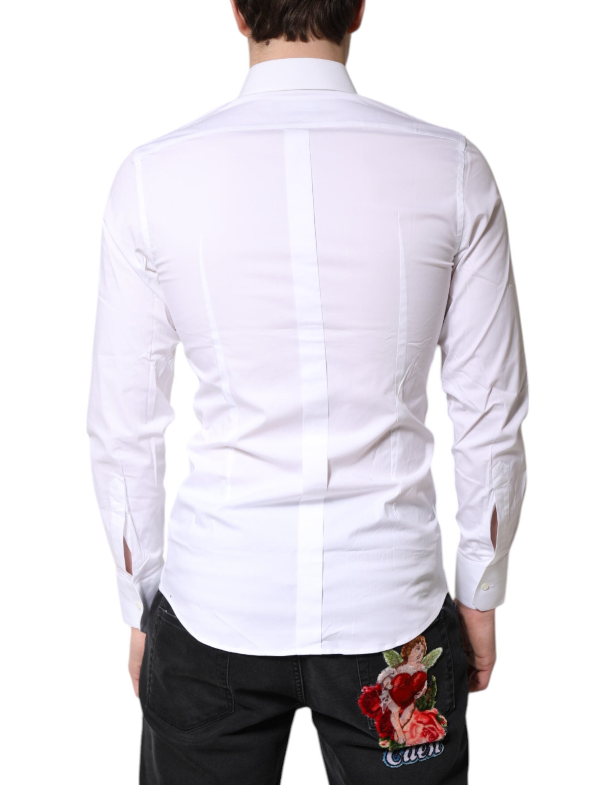 Chemise formelle blanche en coton stretch Dolce & Gabbana avec détails dorés, vue de face.