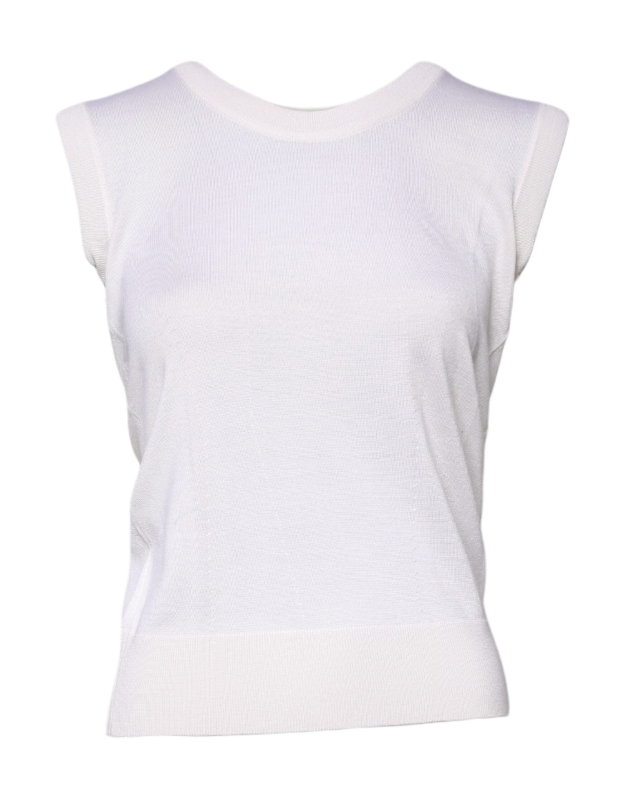 Débardeur blanc sans manches en cachemire Dolce & Gabbana avec col rond, détails élégants et tissu doux visible sur l'image.