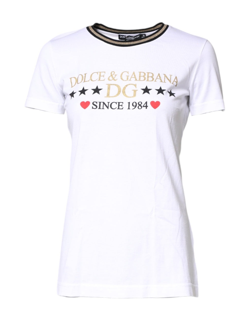 T-shirt blanc en coton Dolce & Gabbana avec motif graphique, col rond, vue de face sur fond neutre.
