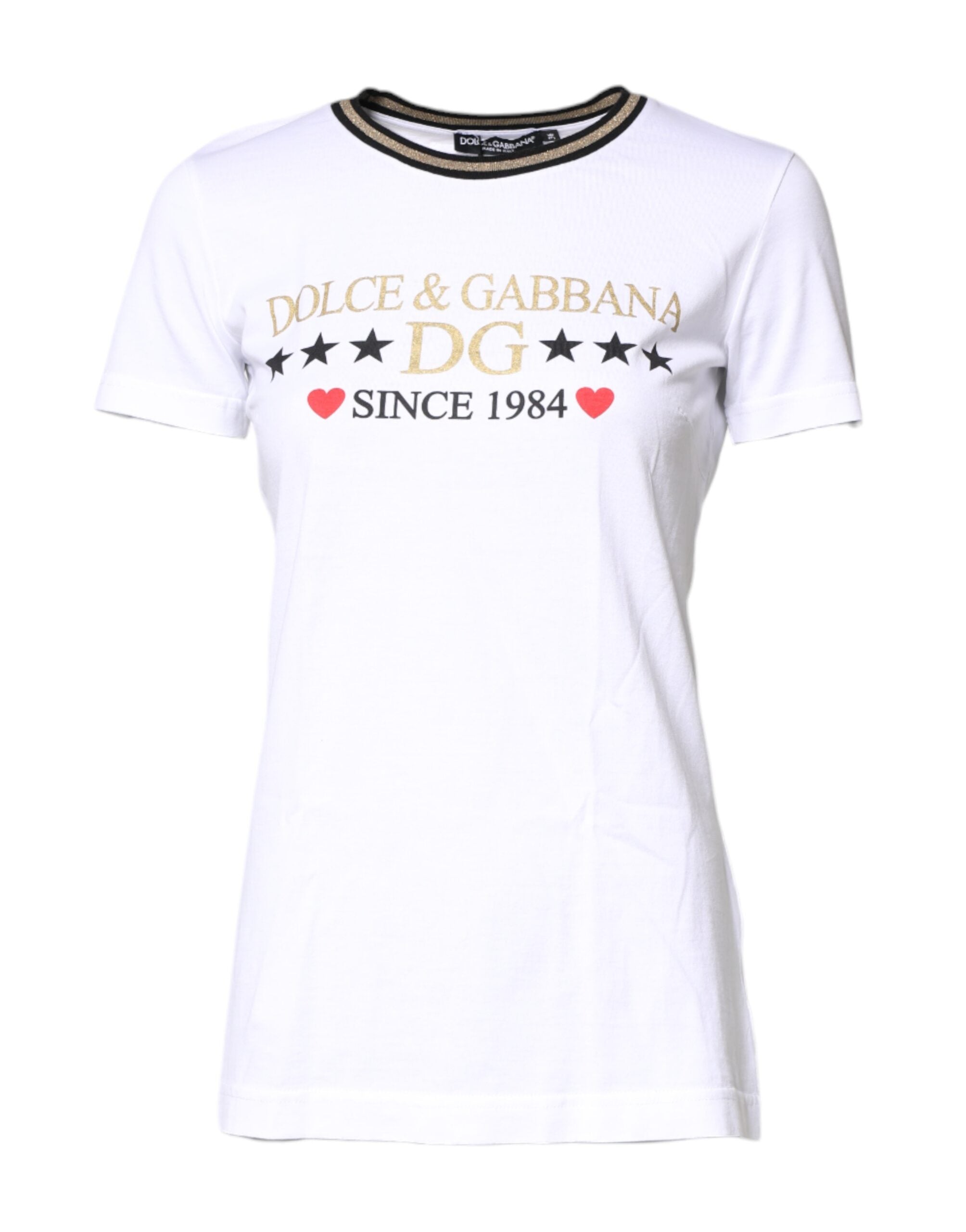T-shirt blanc en coton Dolce & Gabbana avec imprimé graphique, col rond, style décontracté et moderne.