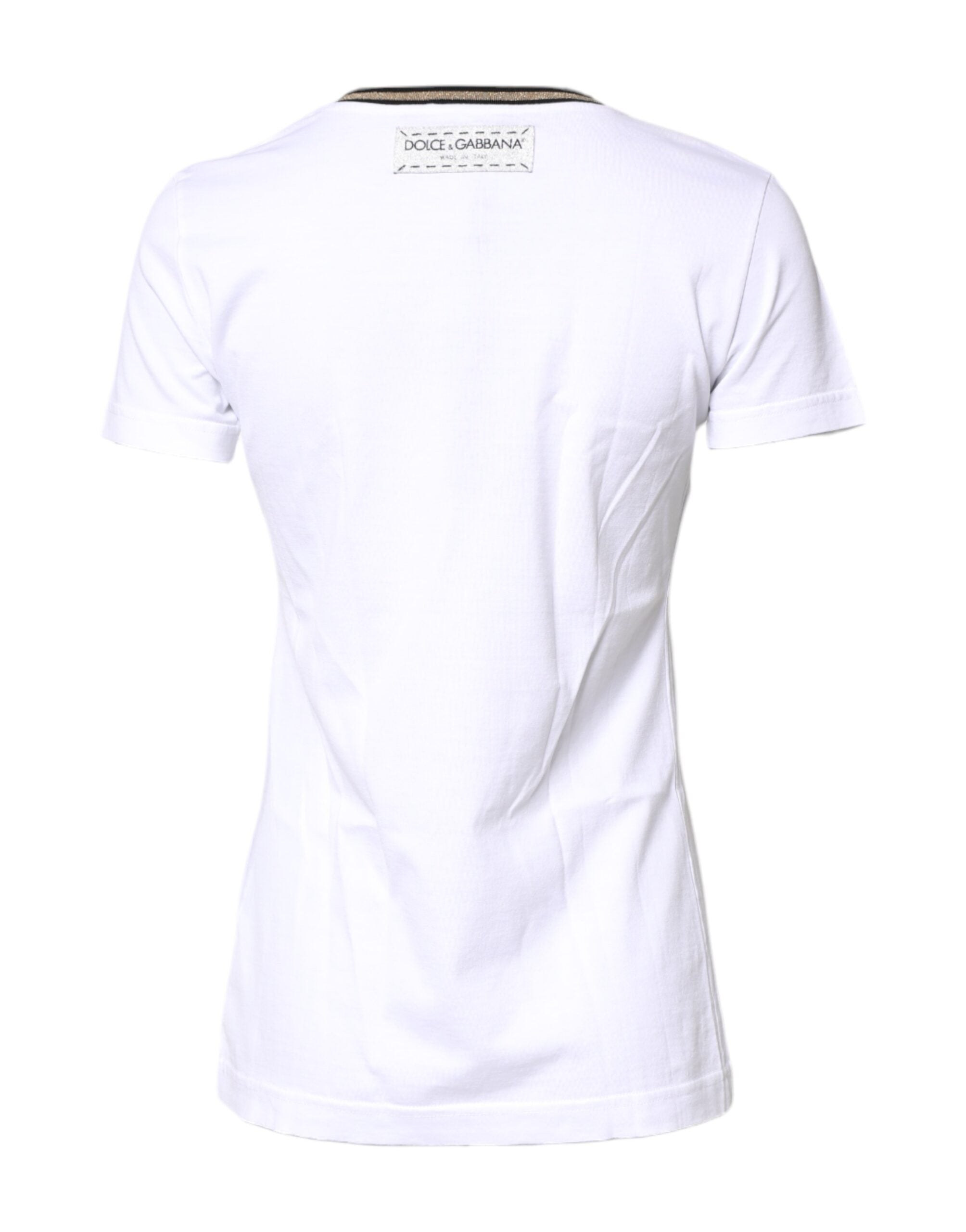 T-shirt blanc en coton Dolce & Gabbana avec imprimé graphique et col rond, vue de face.