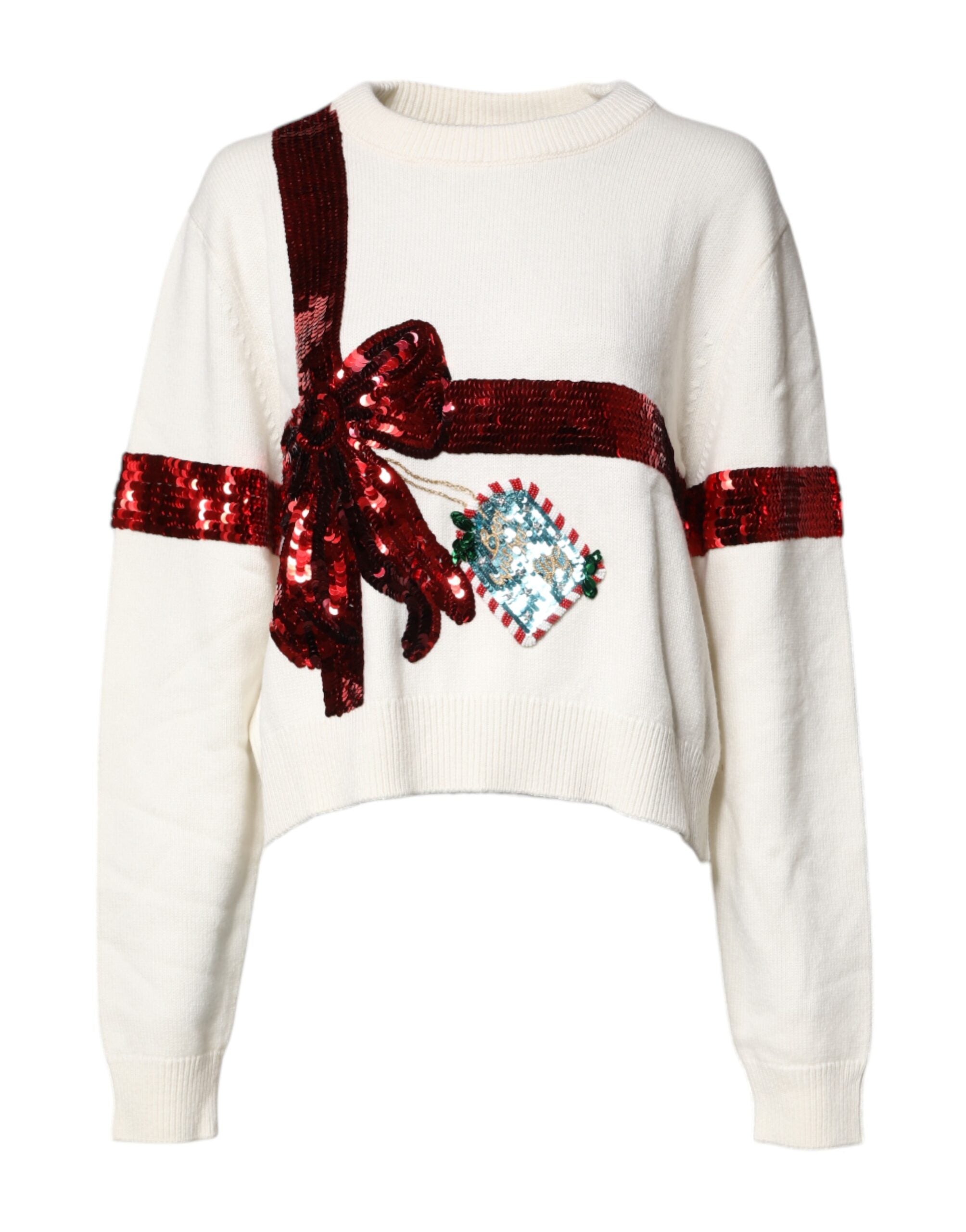 Pull en laine Dolce & Gabbana blanc à sequins avec col rond, finition élégante et détails scintillants visibles sur le pull.