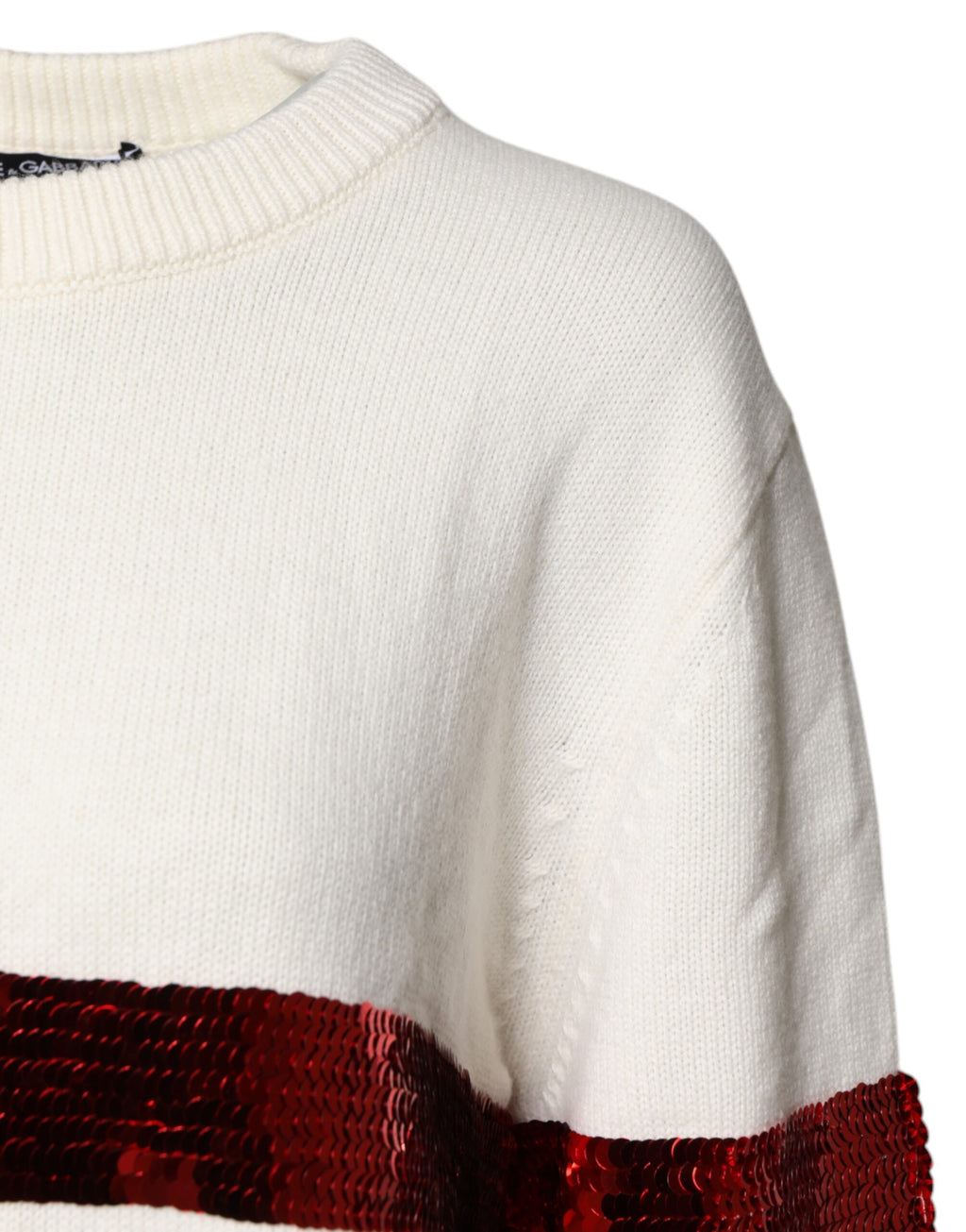 Pull-over crème Dolce & Gabbana en laine à sequins, col rond, élégant et brillant, parfait pour une tenue sophistiquée.