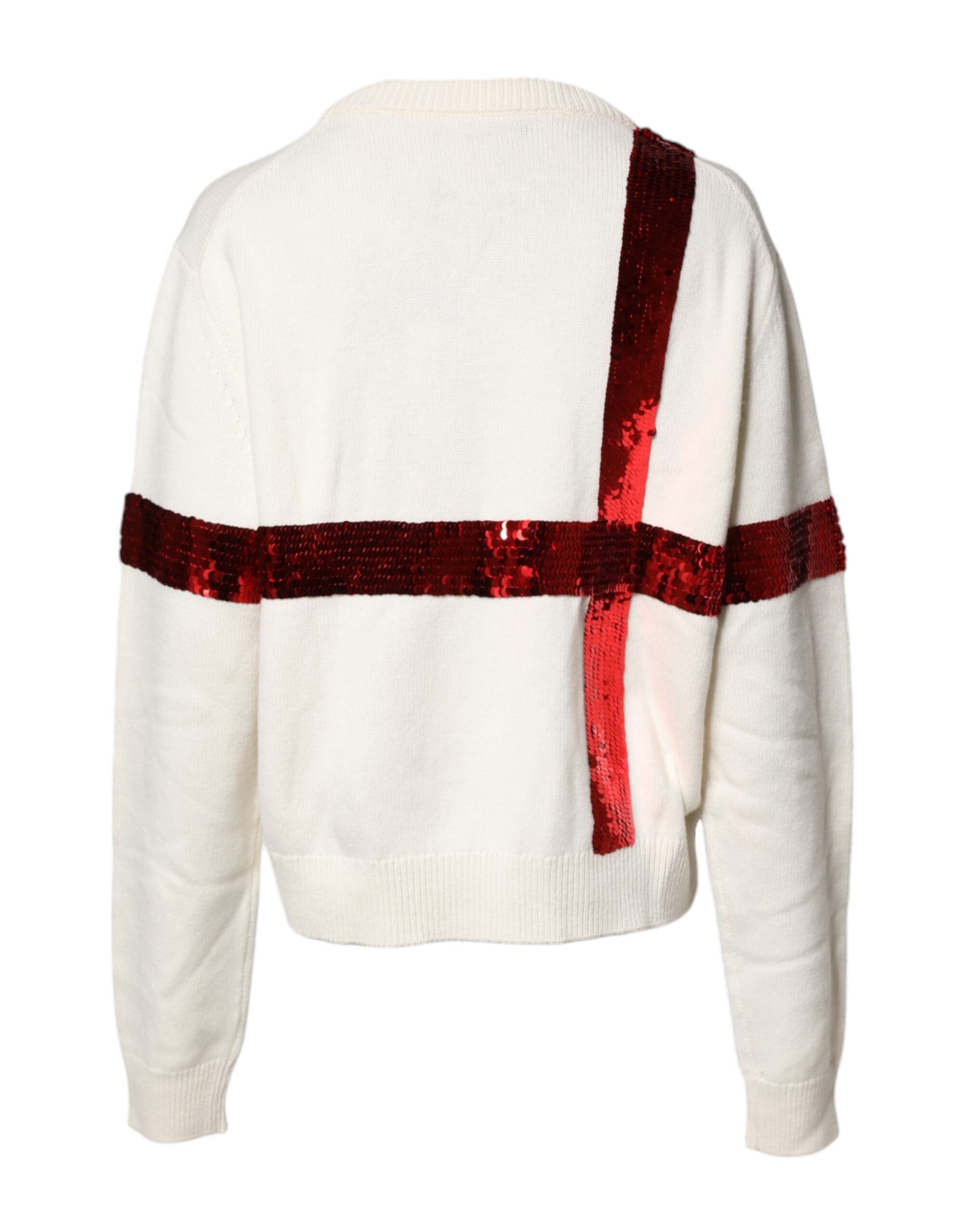 Pull à col rond Dolce & Gabbana blanc avec sequins, sweat-shirt en maille à la mode, visible en gros plan.