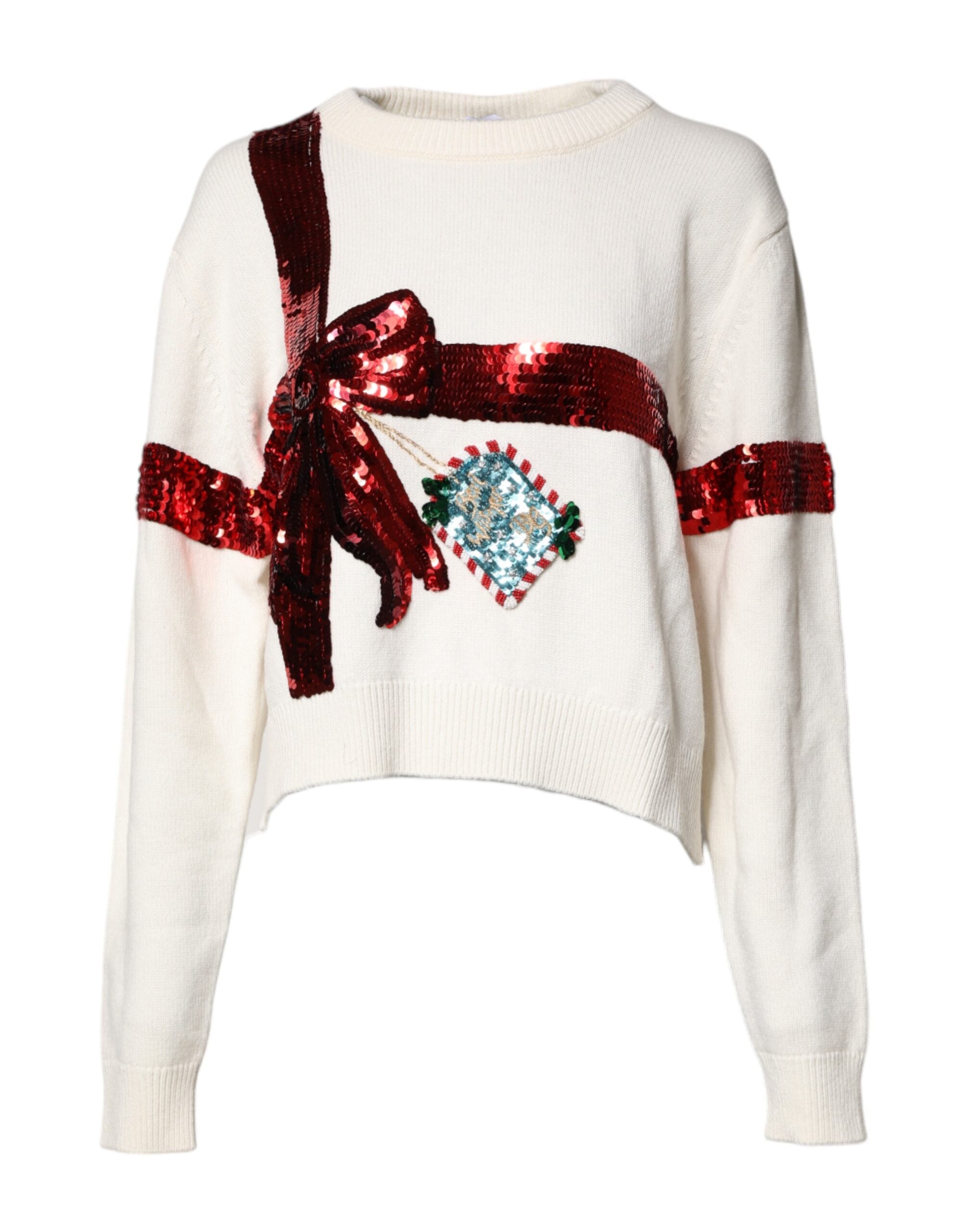 Pull-over blanc Dolce & Gabbana en maille à sequins, col rond et style élégant, idéal pour une tenue sophistiquée.