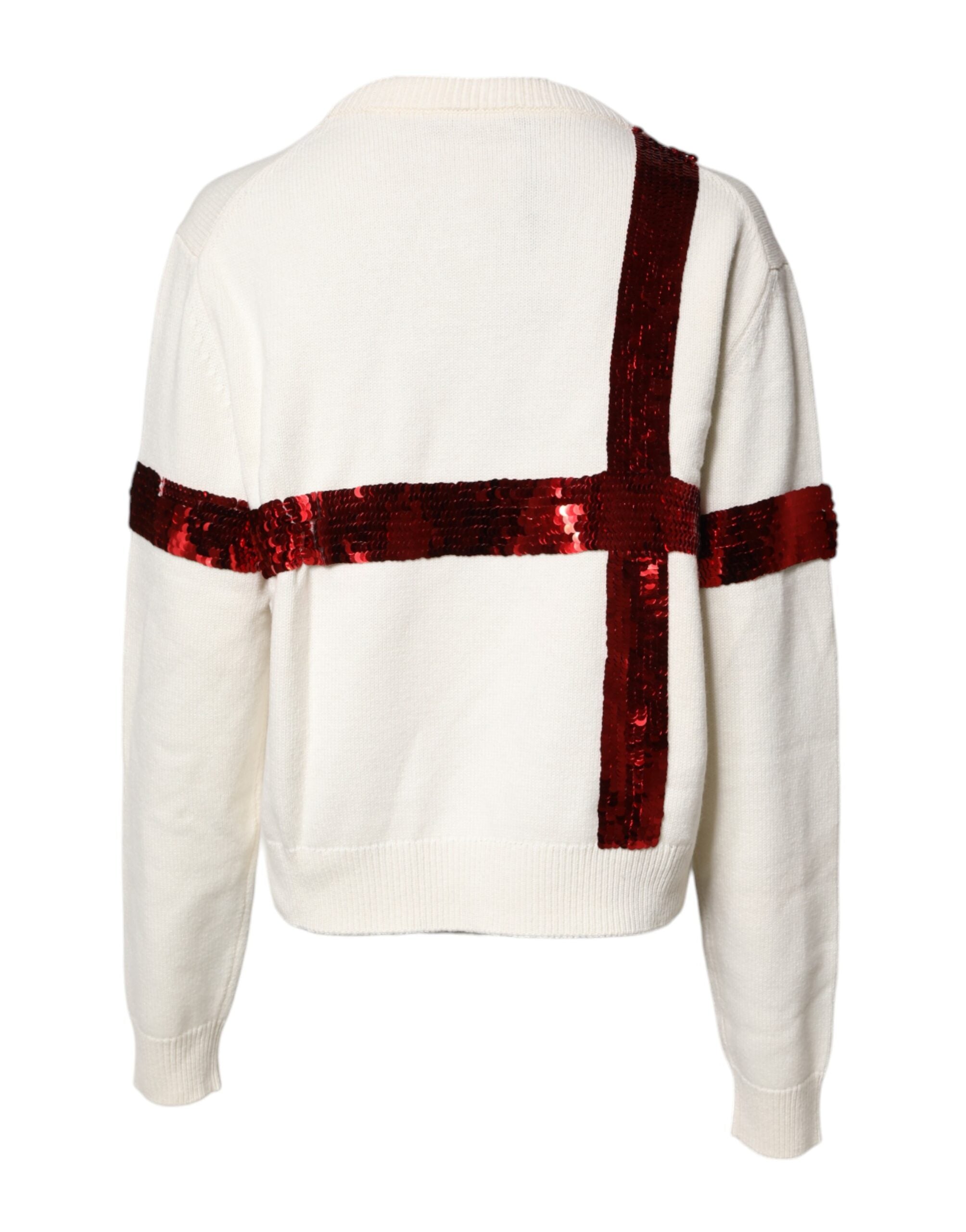 Pull-over blanc Dolce & Gabbana en maille à sequins avec col rond, détails brillants et style élégant.