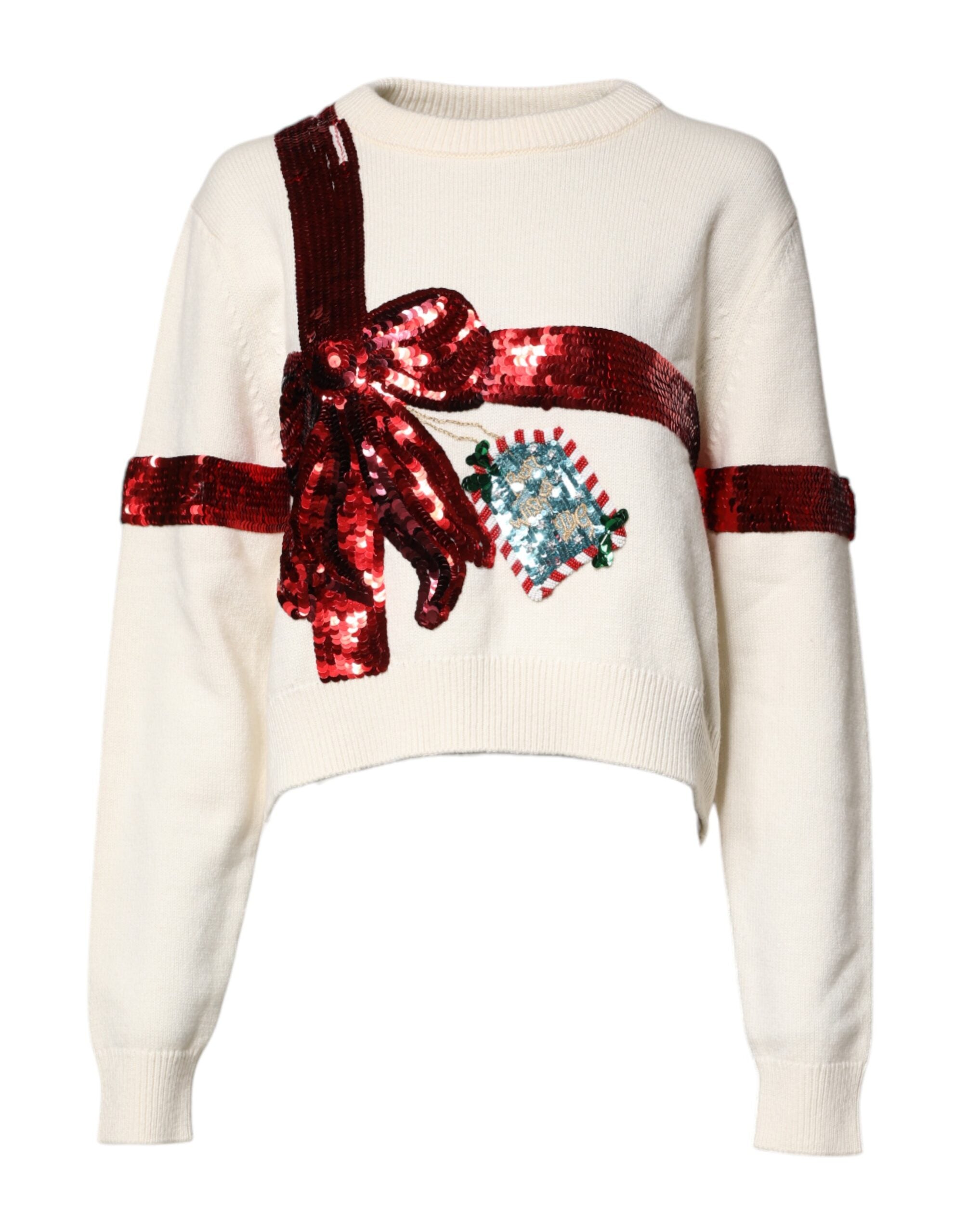 Pull-over Dolce & Gabbana blanc à sequins avec col rond, pull à manches longues et détails brillants pour un look élégant.
