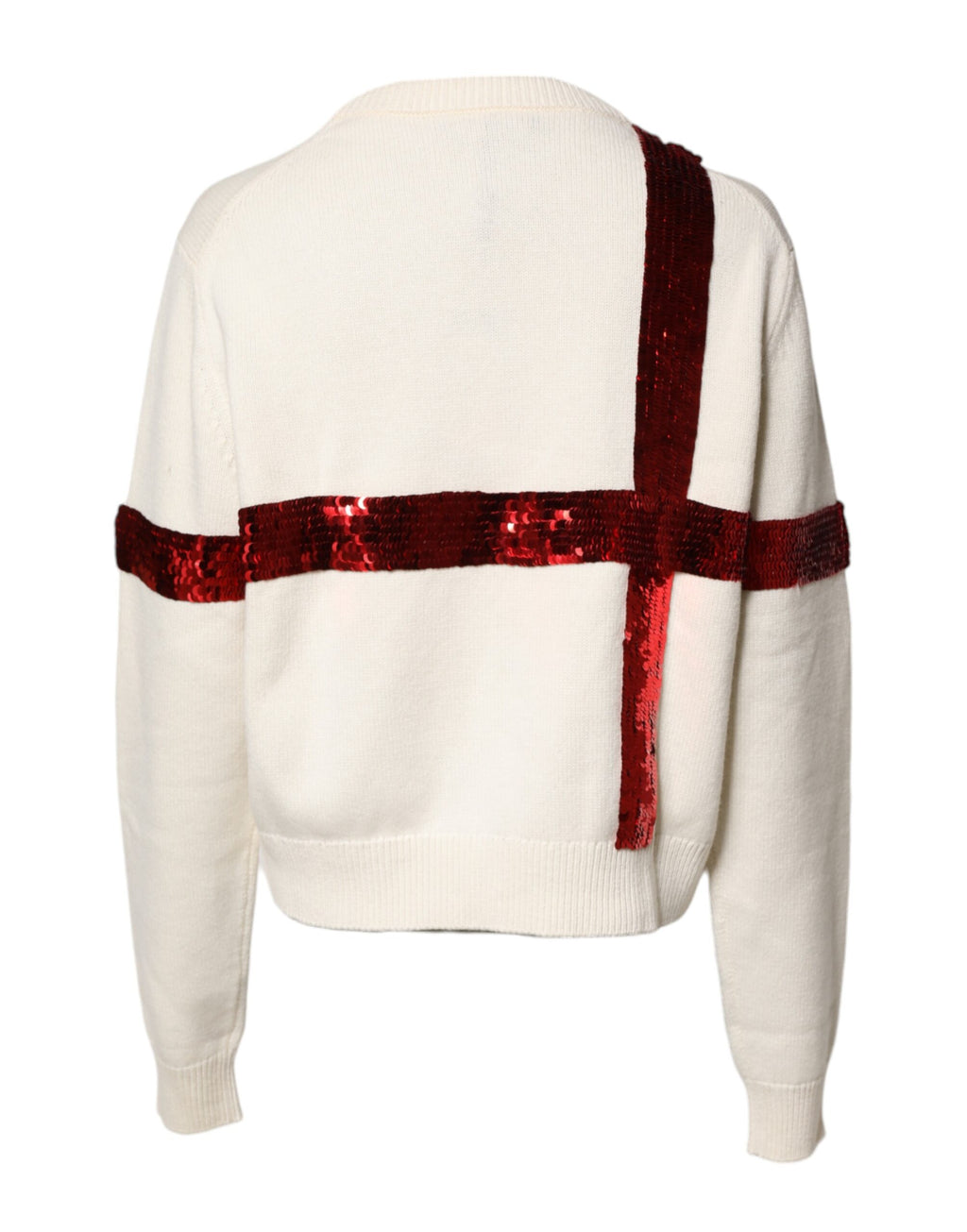 Pull en laine Dolce & Gabbana blanc à sequins avec col rond, détails brillants et style élégant visible sur l'image.