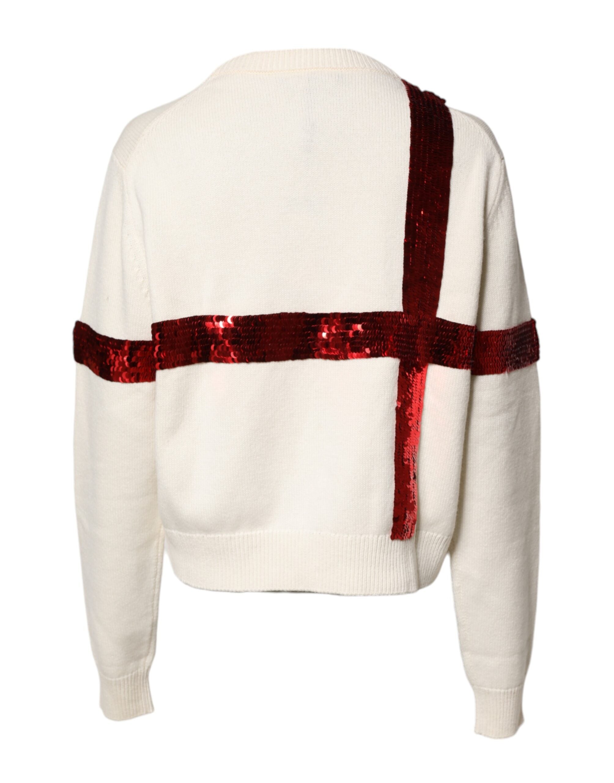 Pull en laine Dolce & Gabbana blanc à sequins avec col rond, détails brillants et style élégant visible sur l'image.