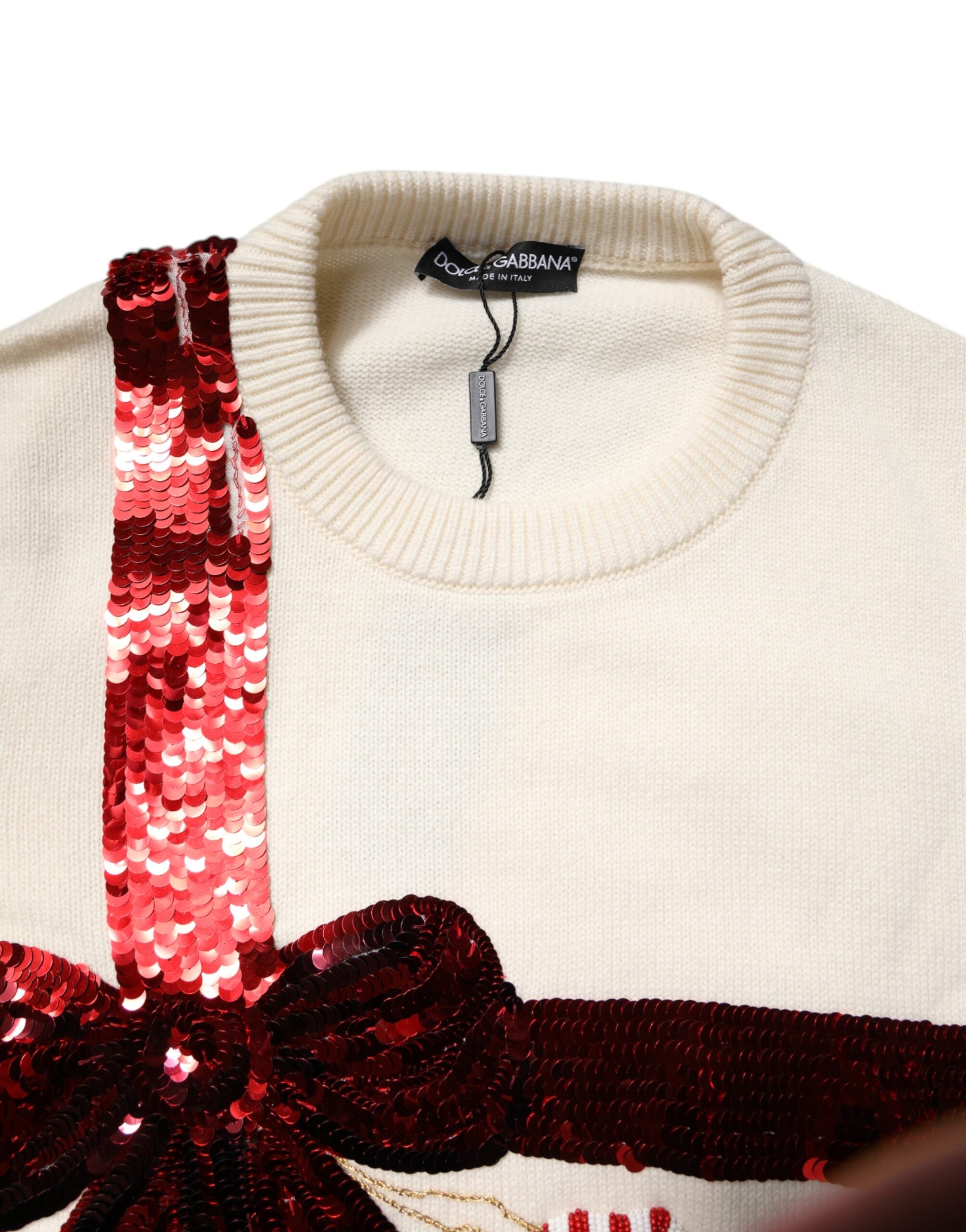 Pull à col rond blanc Dolce & Gabbana en sequins, pull-over élégant avec finition brillante et détails scintillants.