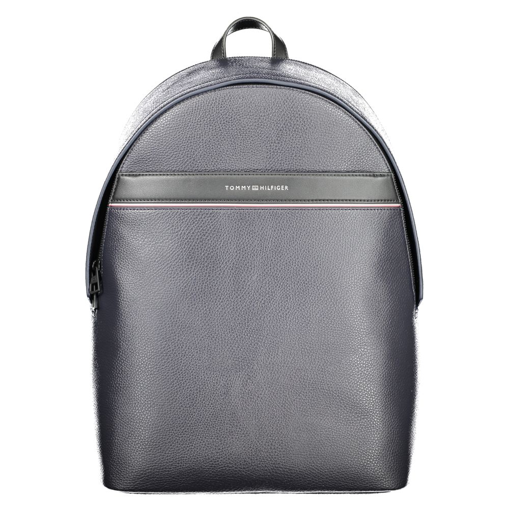 Sac à dos homme Tommy Hilfiger bleu en polyuréthane avec poignées et compartiments visibles, style moderne et pratique.