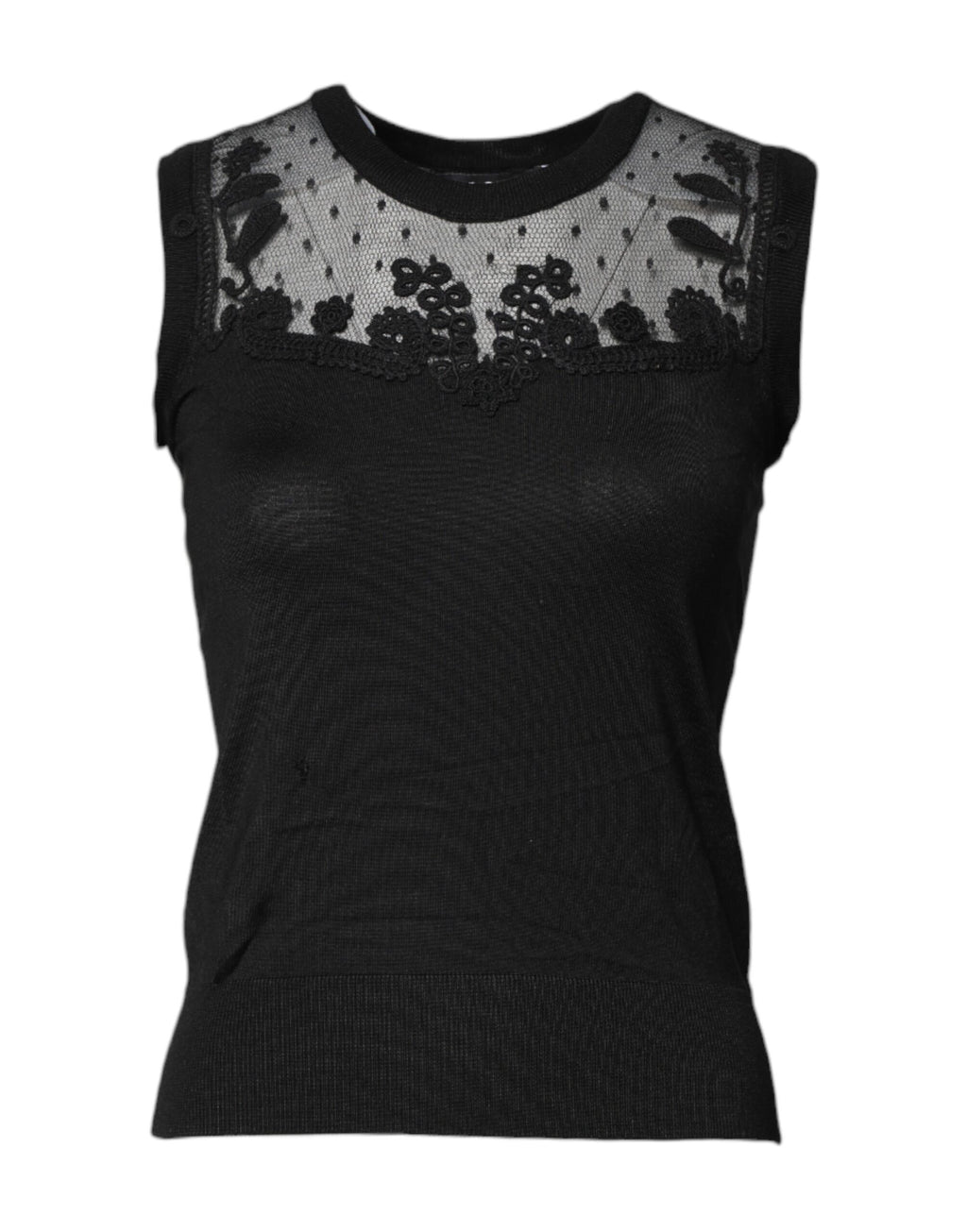 Haut sans manches en dentelle noire Dolce & Gabbana à col rond transparent, style élégant et féminin.