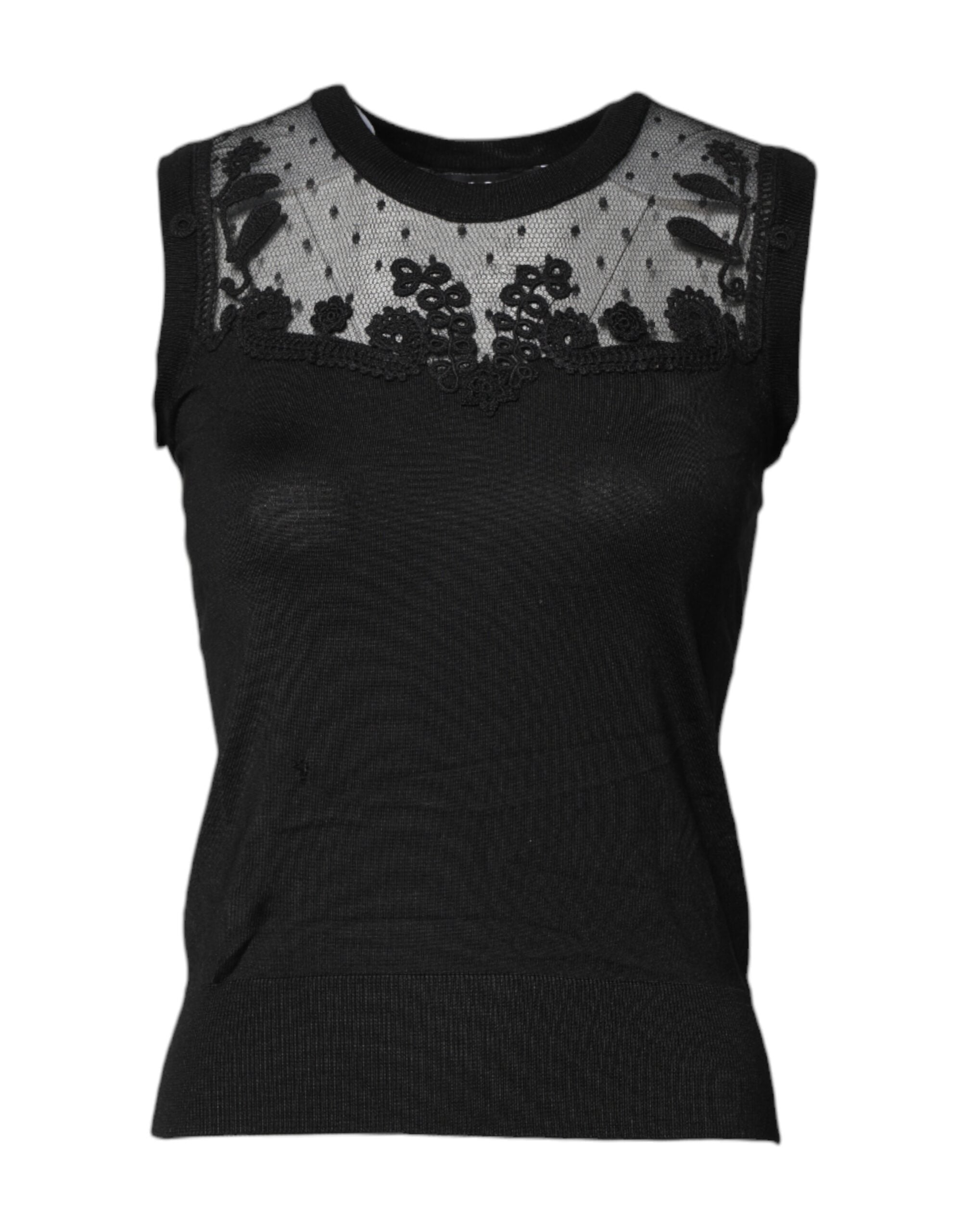 Haut sans manches en dentelle noire Dolce & Gabbana à col rond transparent, style élégant et féminin.