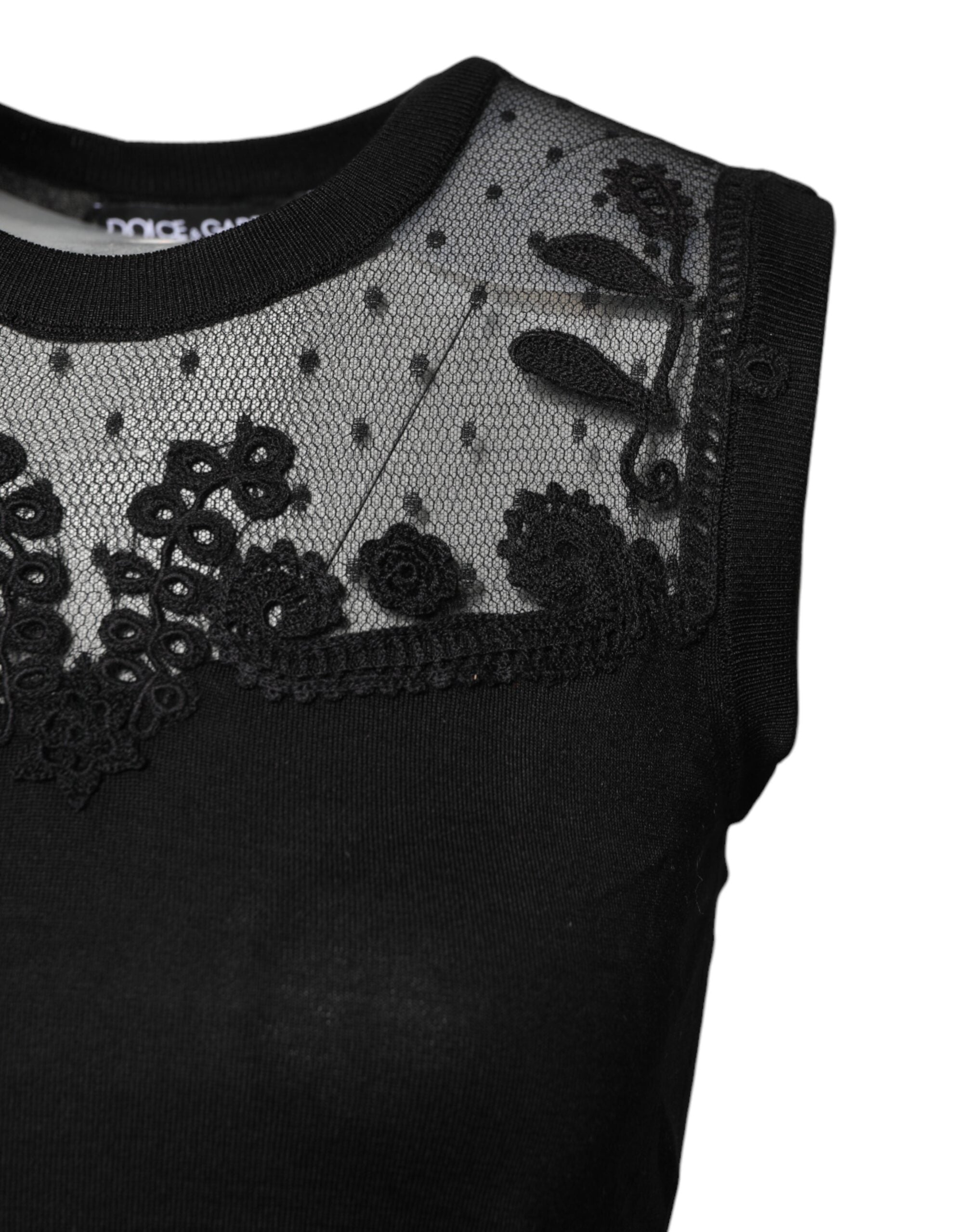 Haut en dentelle noire transparent à col rond sans manches de Dolce & Gabbana, élégant et sophistiqué.
