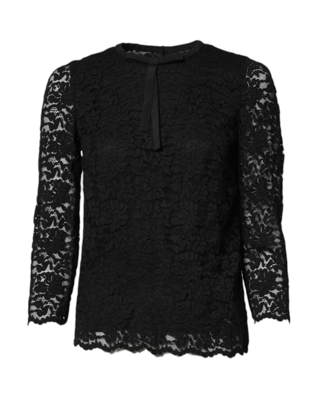 Haut à manches longues en dentelle noire Dolce & Gabbana, col ras du cou, style élégant et sophistiqué.