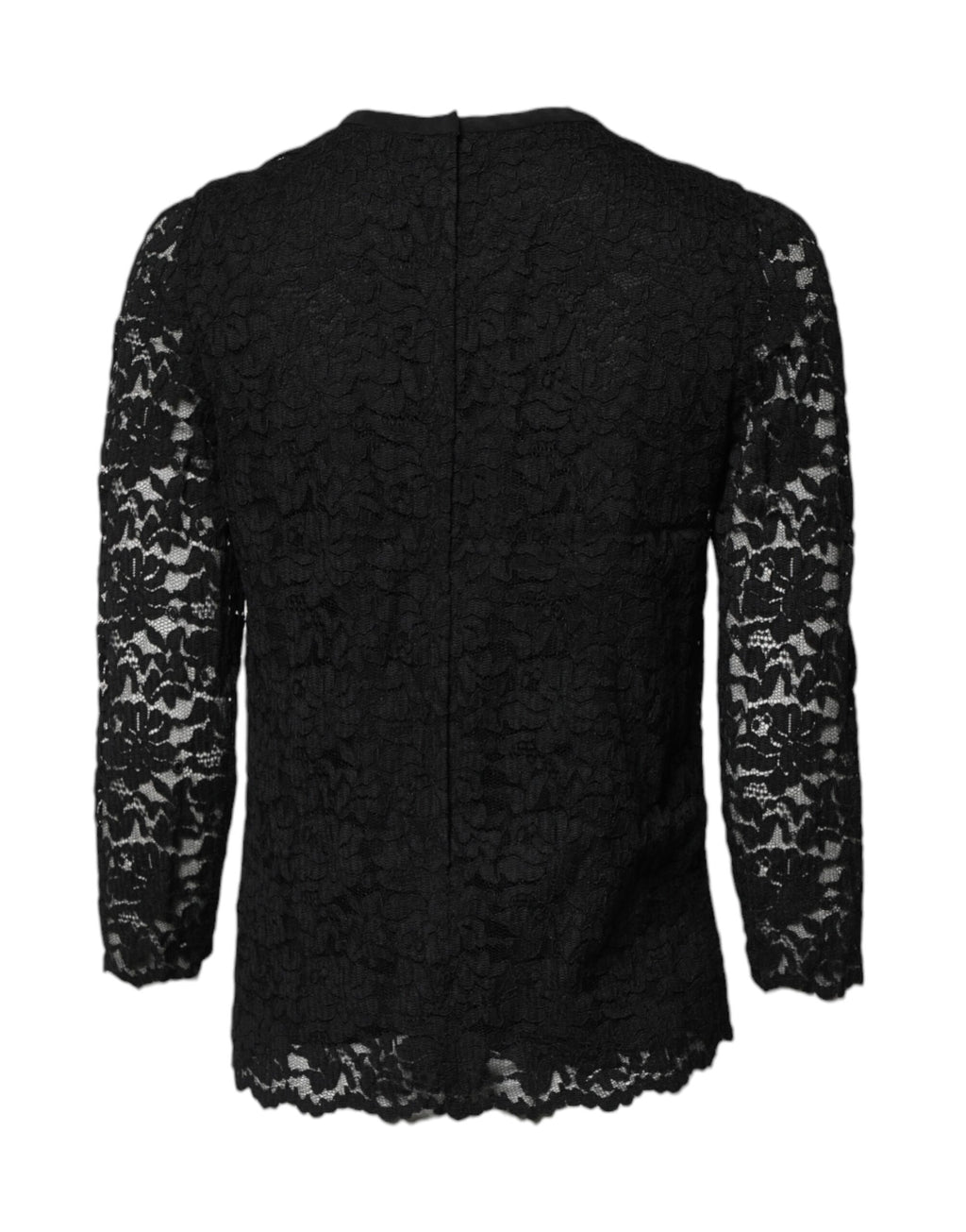 Haut à manches longues en dentelle noire Dolce & Gabbana avec col rond, style élégant et féminin.