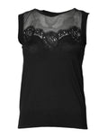 Haut sans manches en dentelle noire Dolce & Gabbana, col ras du cou en maille transparente, élégant et féminin.