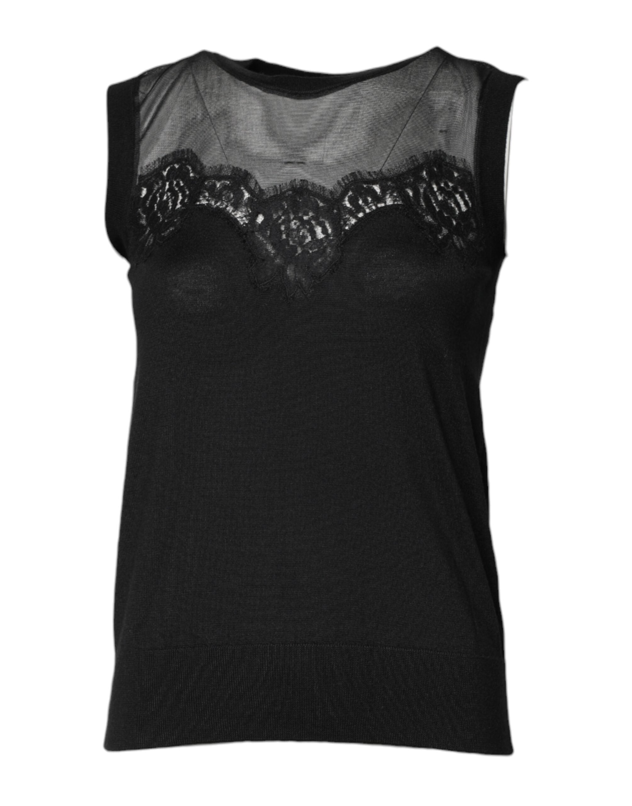 Haut sans manches en dentelle noire Dolce & Gabbana, col ras du cou en maille transparente, élégant et féminin.