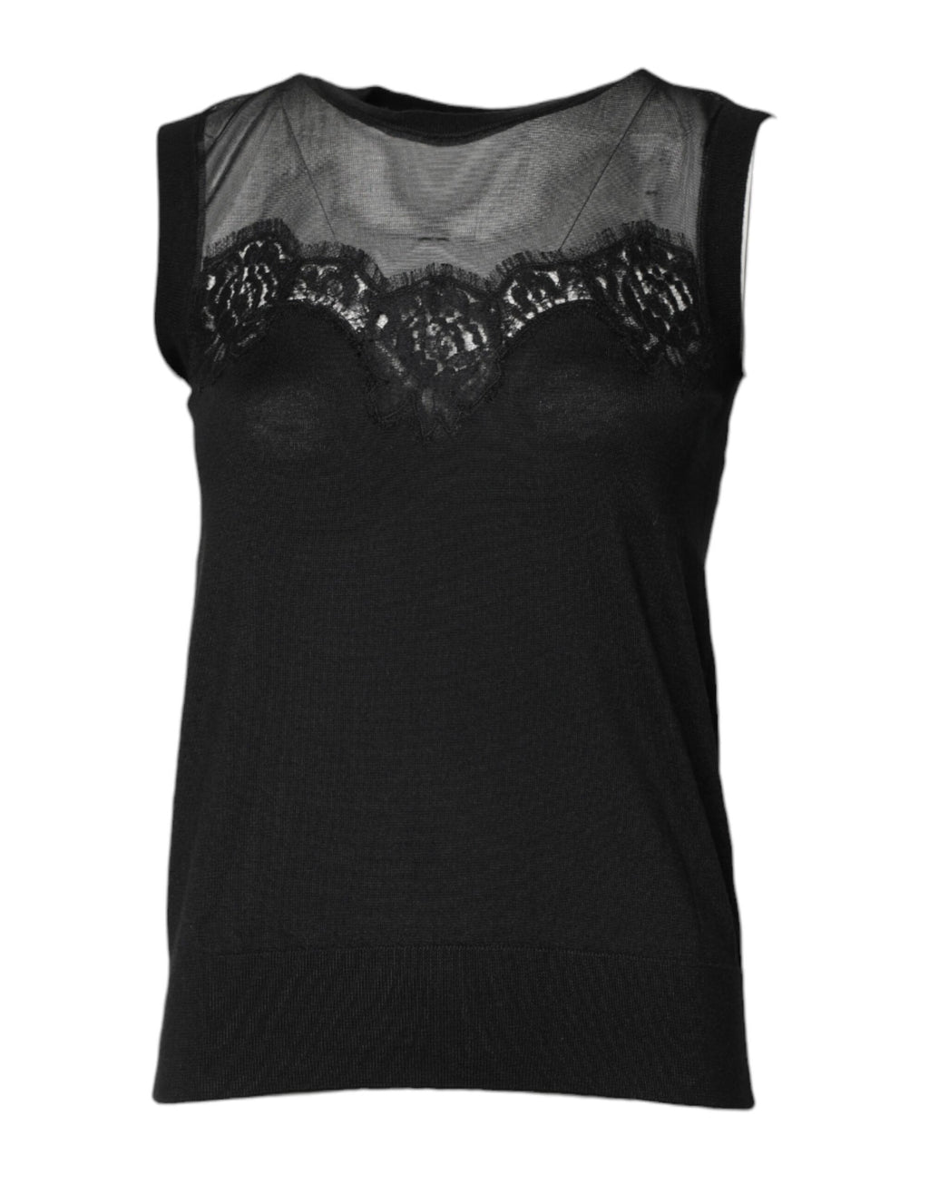 Haut sans manches Dolce & Gabbana en dentelle noire transparente, col ras du cou, style élégant et féminin.