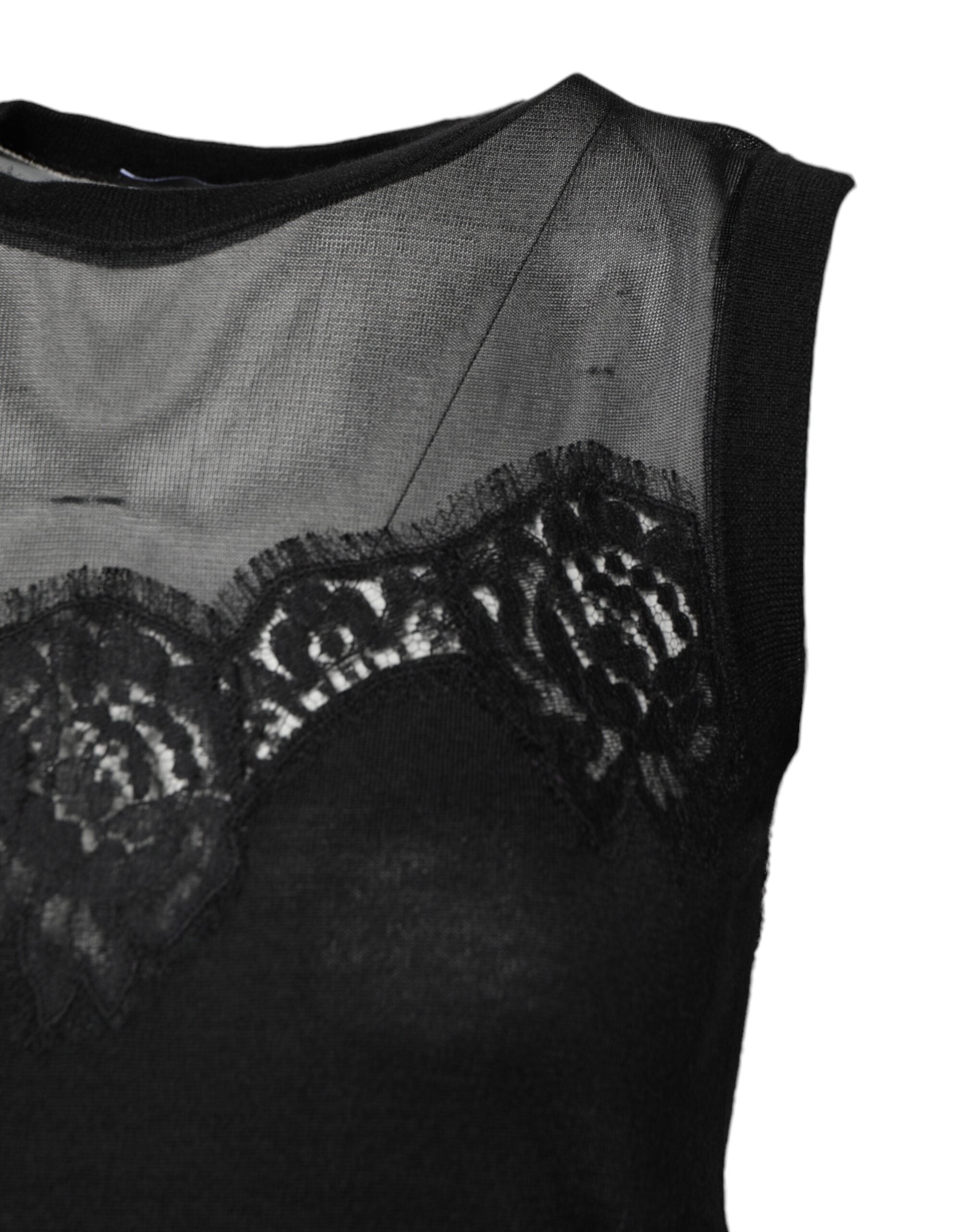 Haut sans manches en dentelle noire Dolce & Gabbana avec col ras du cou transparent, style élégant et féminin.