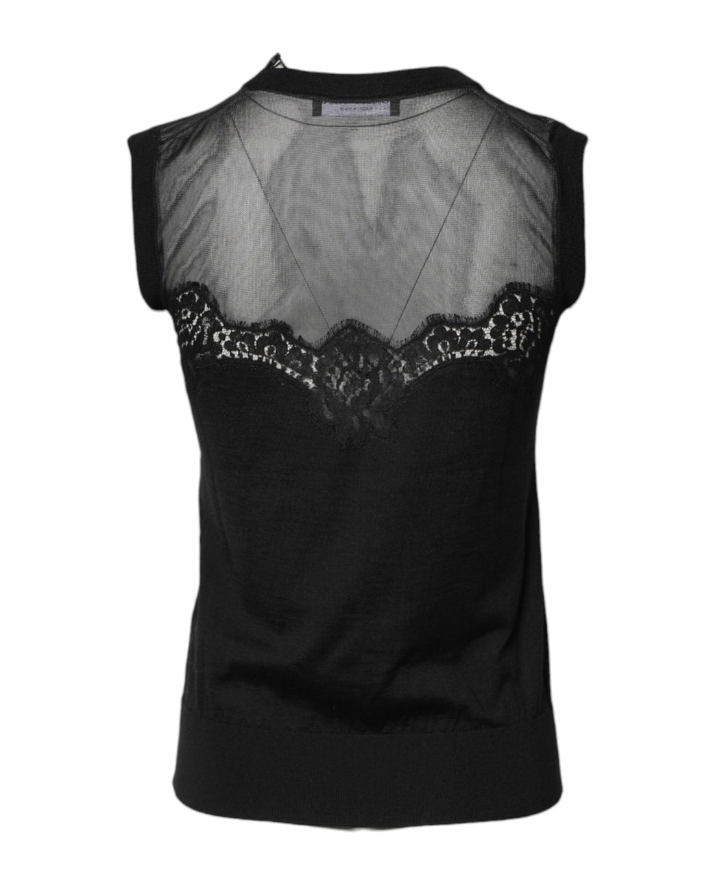 Haut sans manches en dentelle noire Dolce & Gabbana, col rond transparent, look élégant et sophistiqué.