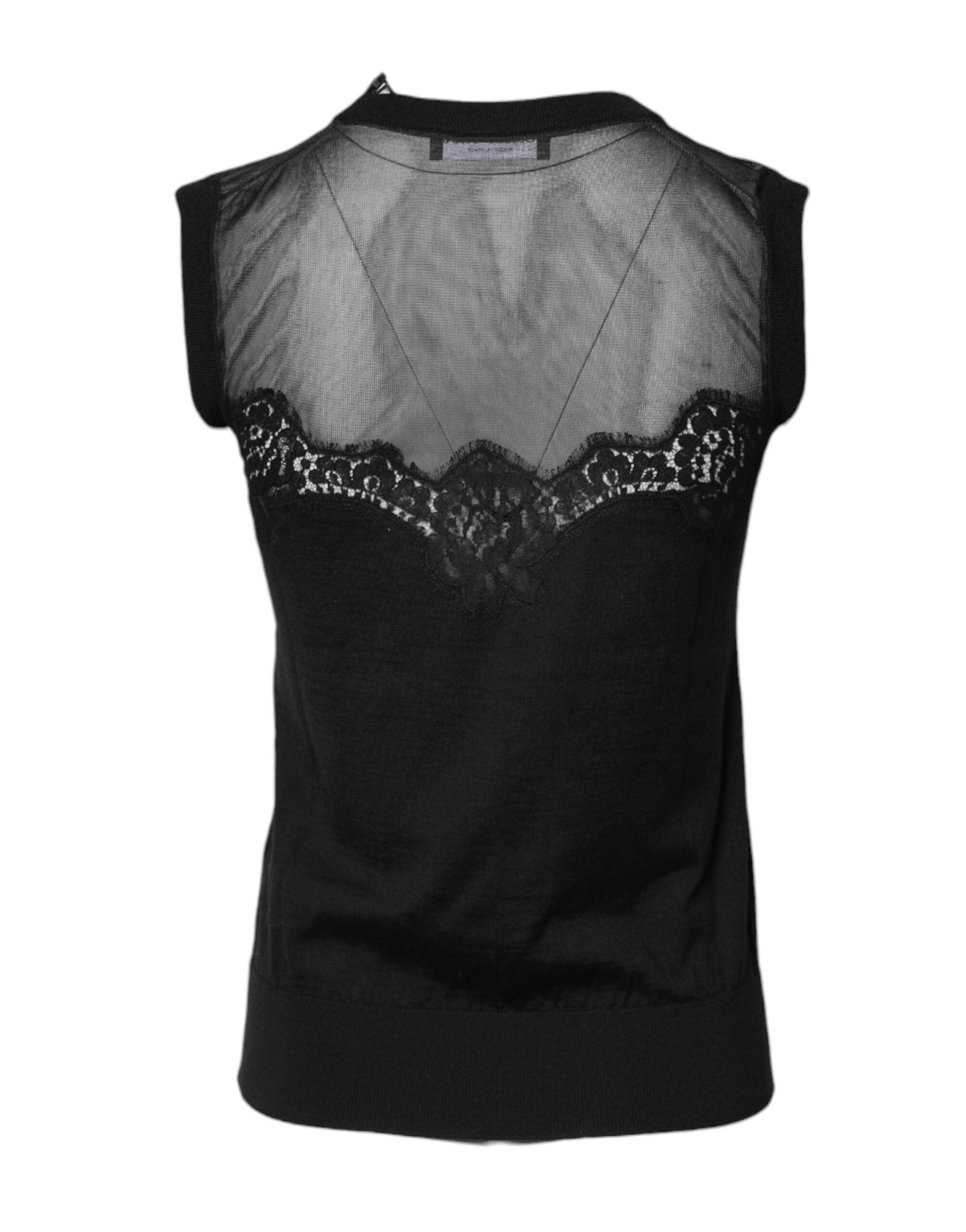 Haut sans manches en dentelle noire Dolce & Gabbana, col rond transparent, look élégant et sophistiqué.