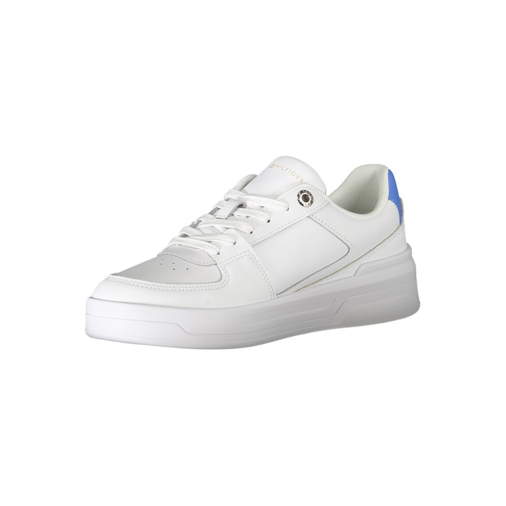 Sneakers pour femme Tommy Hilfiger Bianco en cuir blanc, style décontracté et confortable, vue de face.