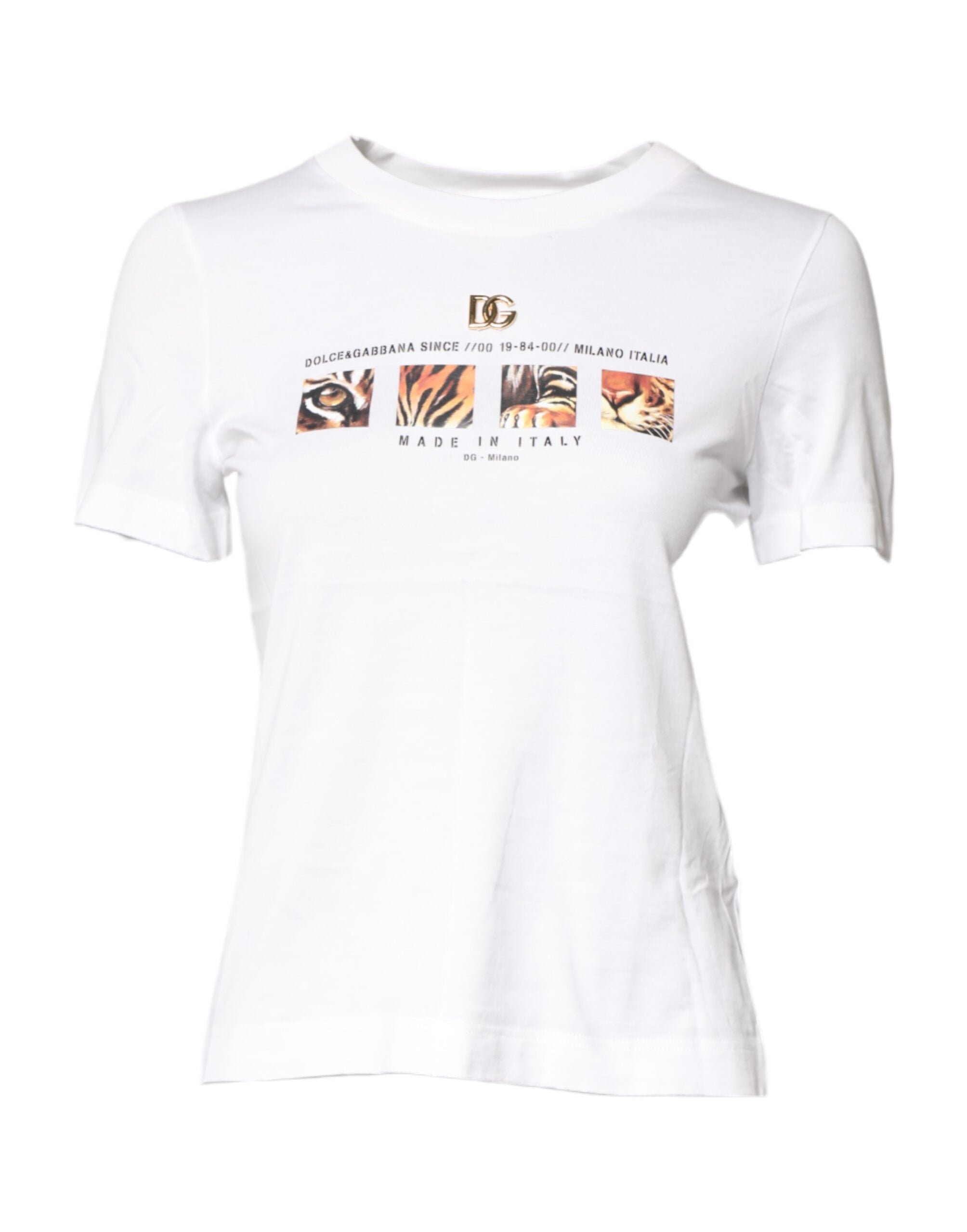 T-shirt blanc en coton avec motif graphique de Dolce & Gabbana, col rond, style décontracté et moderne.