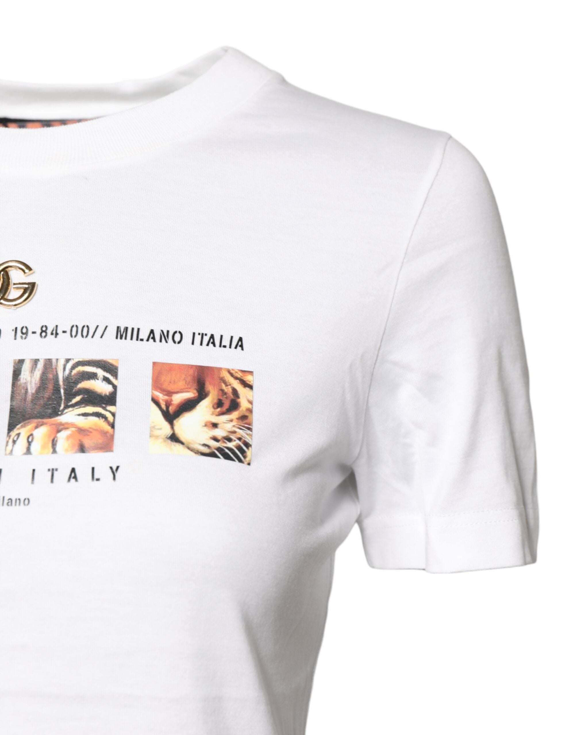 T-shirt blanc en coton Dolce & Gabbana avec motif graphique, col rond, vue de face.