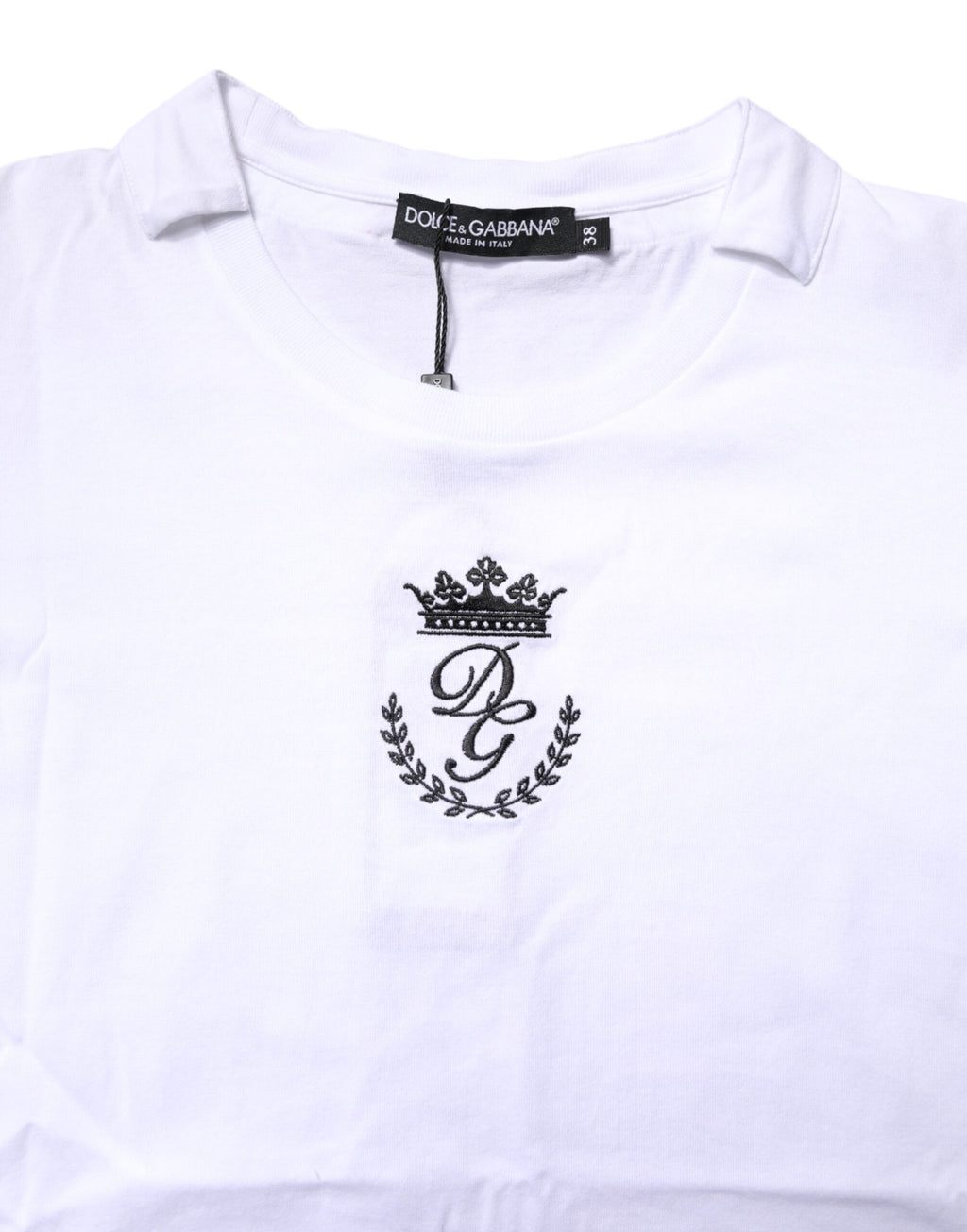 T-shirt blanc Dolce & Gabbana en coton avec logo et motif couronne, col rond élégant et confortable.