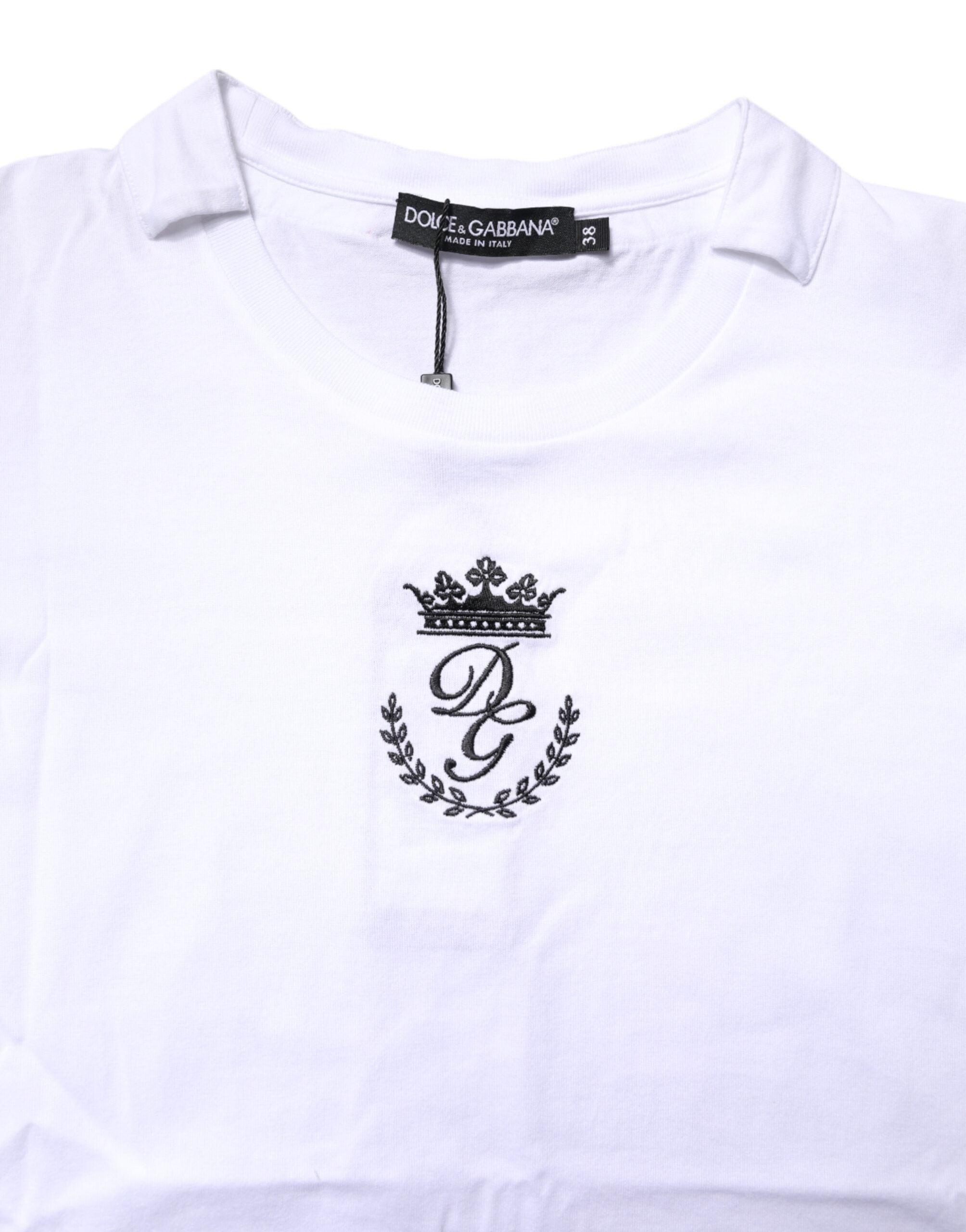 T-shirt blanc Dolce & Gabbana en coton avec logo et motif couronne, col rond élégant et confortable.
