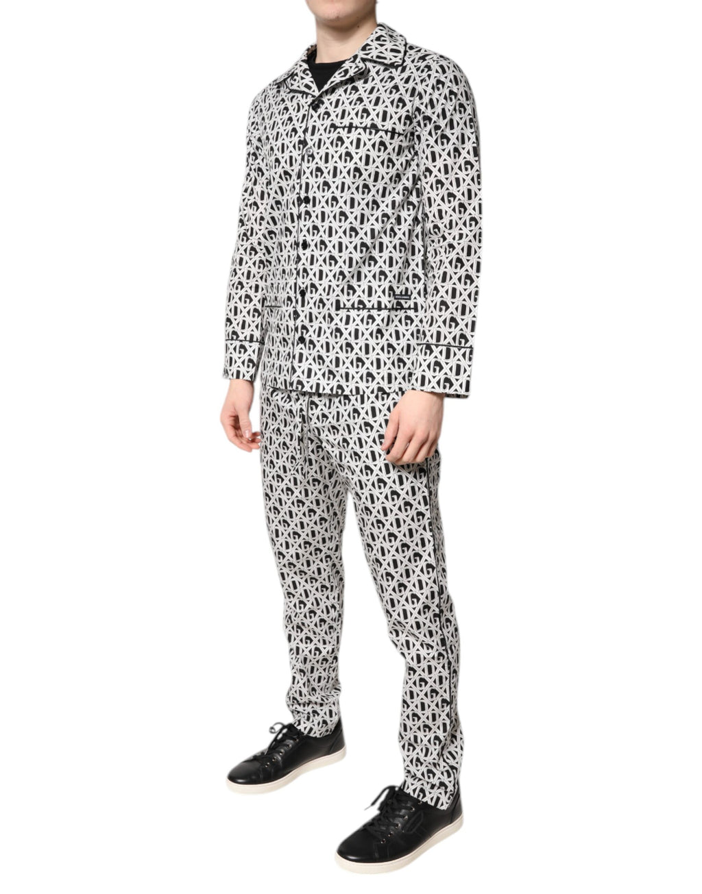 Pyjama en coton Dolce & Gabbana noir et blanc avec imprimé DG, ensemble confortable pour dormir.