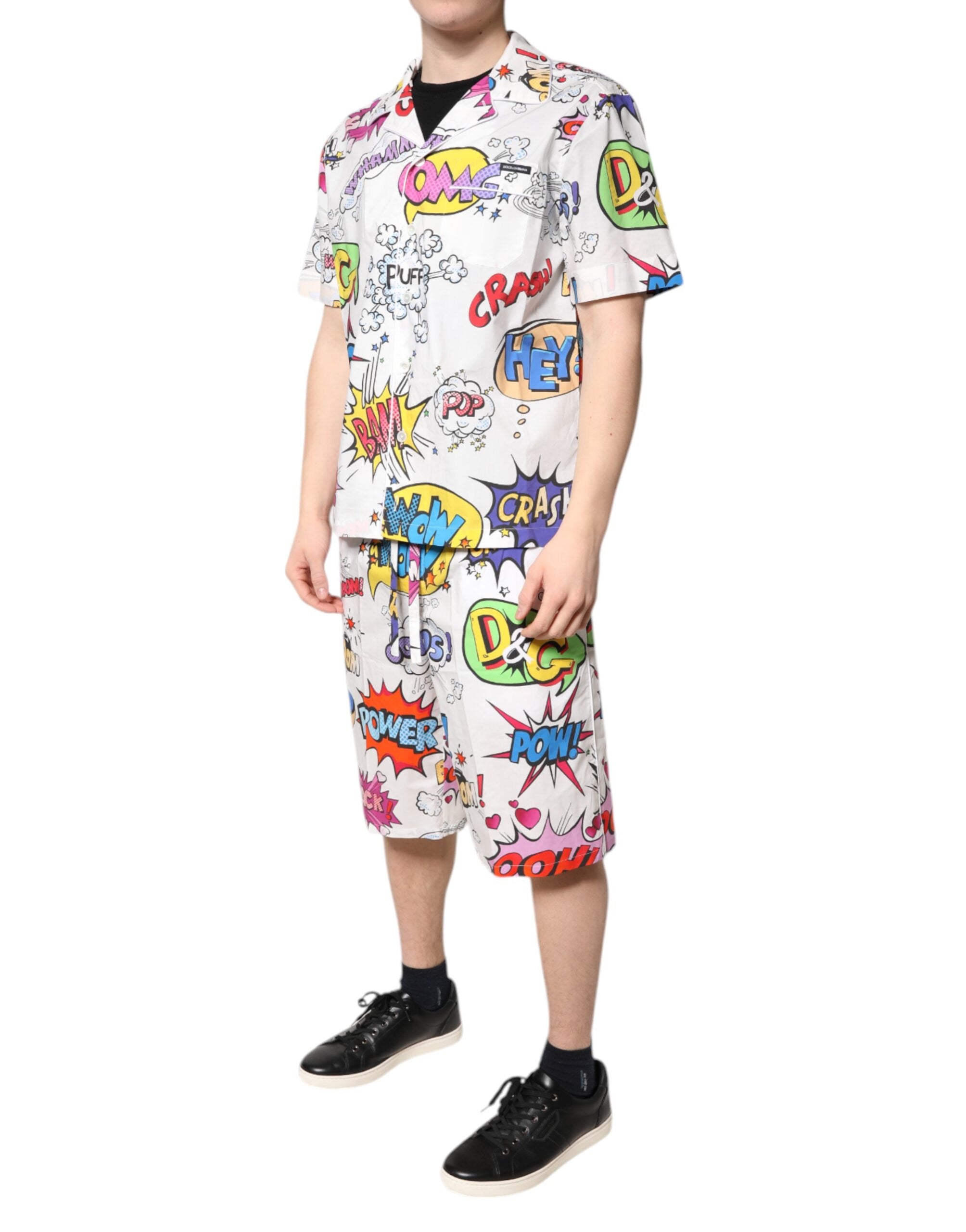 Pyjama homme Dolce & Gabbana en coton blanc avec impression de dessins animés, ensemble de vêtements de nuit élégants.