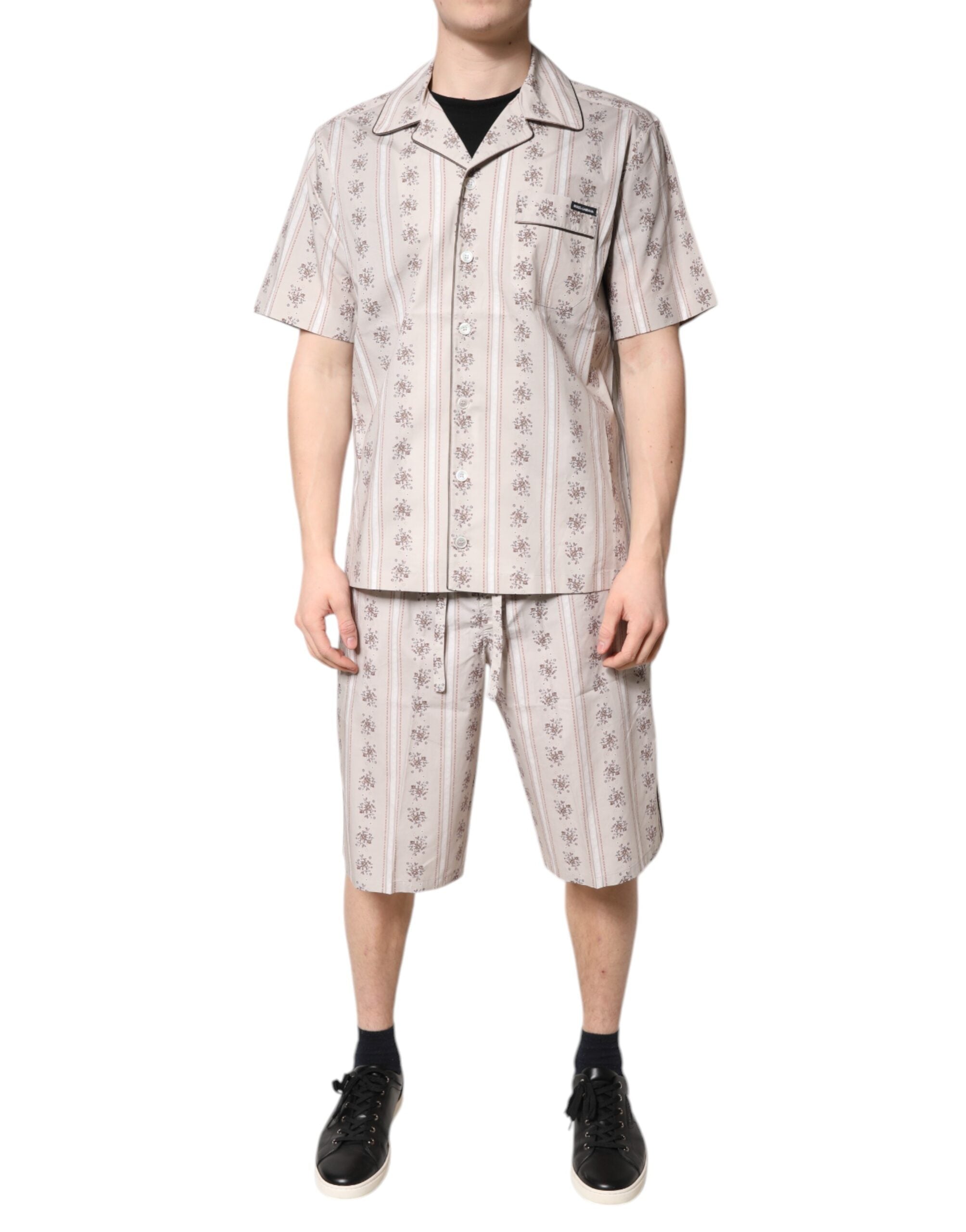 Pyjama homme Dolce & Gabbana en coton beige à fleurs, ensemble de vêtements de nuit confortables.