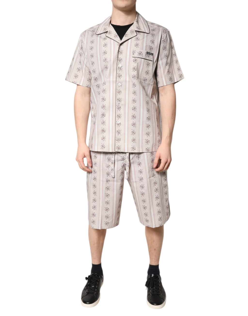 Pyjama homme Dolce & Gabbana en coton beige avec imprimé floral, ensemble de vêtements de nuit élégant et confortable.