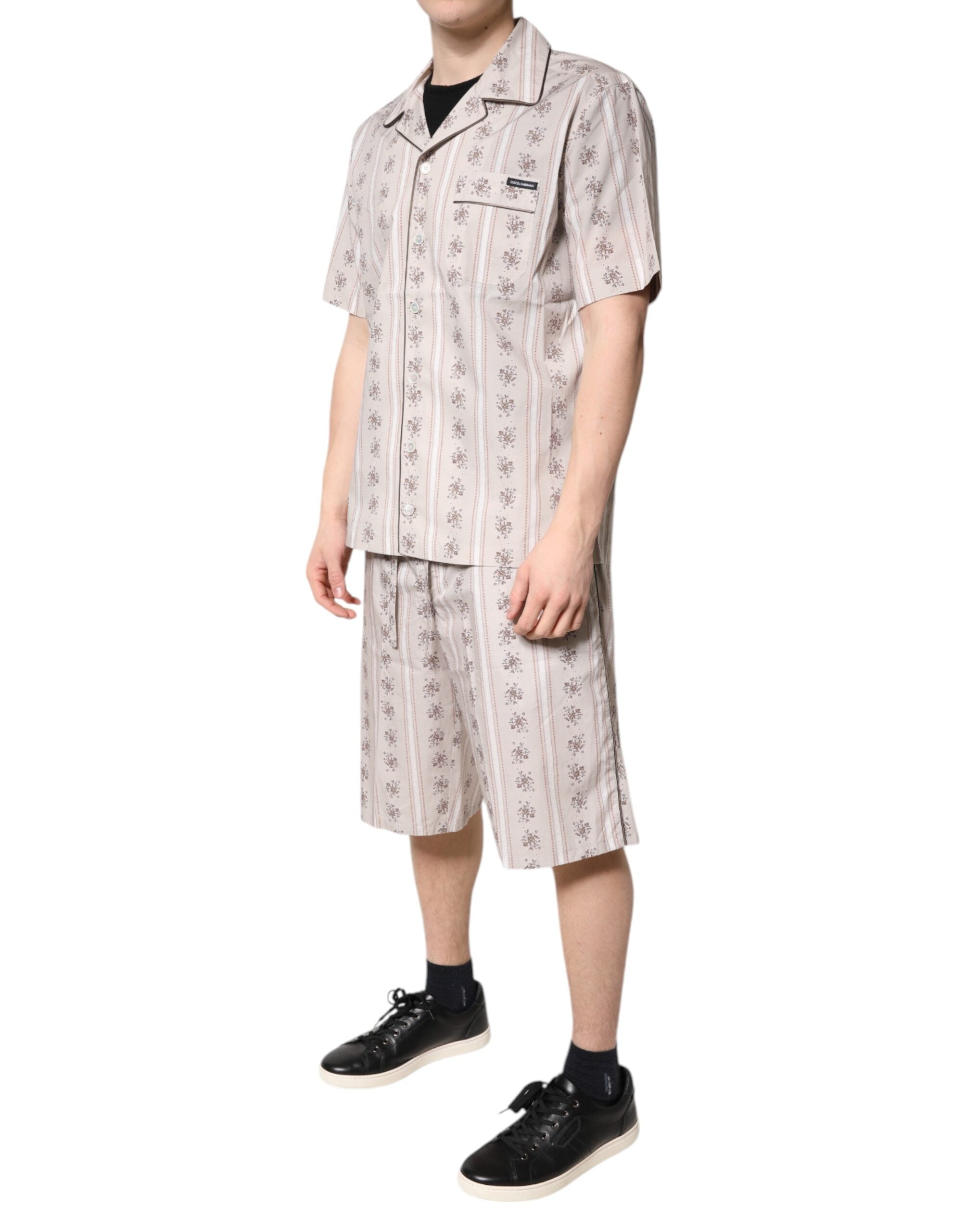 Pyjama homme Dolce & Gabbana en coton beige avec motif floral, ensemble de vêtements de nuit élégant et confortable.