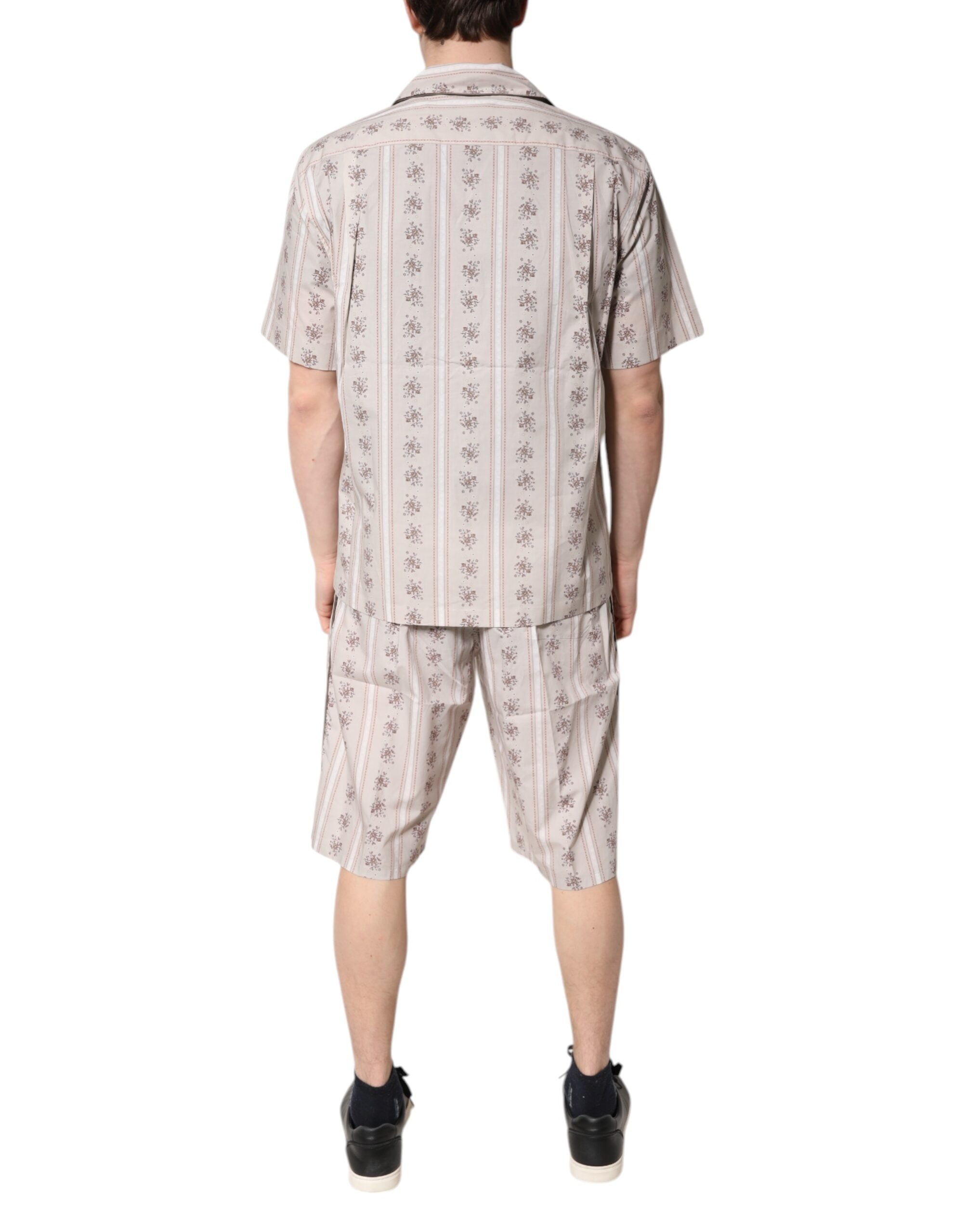 Pyjama homme Dolce & Gabbana en coton beige avec imprimé floral, ensemble de vêtements de nuit élégant et confortable.