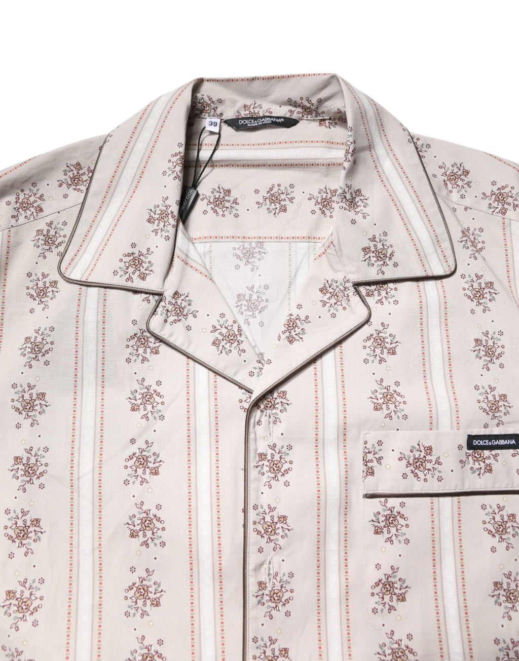 Pyjama homme Dolce & Gabbana en coton beige avec imprimé floral, ensemble de vêtements de nuit confortable et élégant.