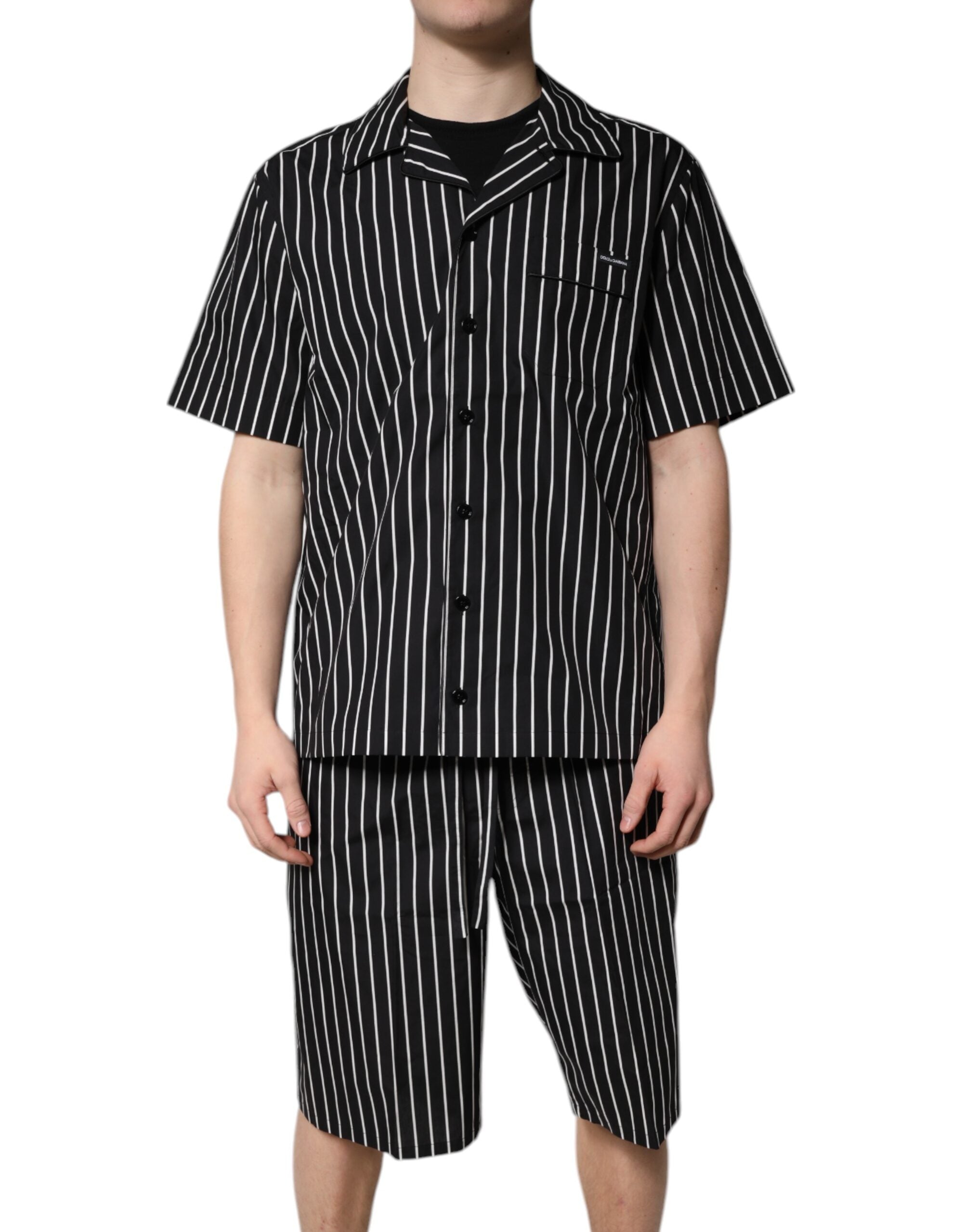 Pyjama homme Dolce & Gabbana en coton à rayures noires et blanches, ensemble confortable pour le sommeil.