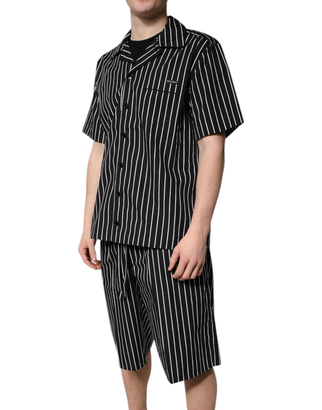 Pyjama homme Dolce & Gabbana en coton à rayures noires et blanches, ensemble de vêtements de nuit élégants.