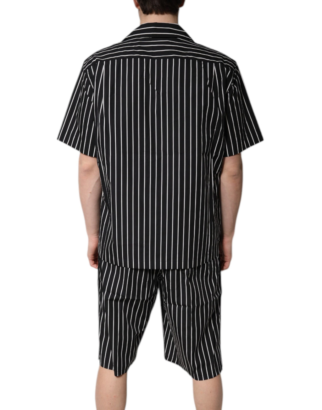 Pyjama homme Dolce & Gabbana en coton à rayures noires et blanches, ensemble de sommeil élégant et confortable.